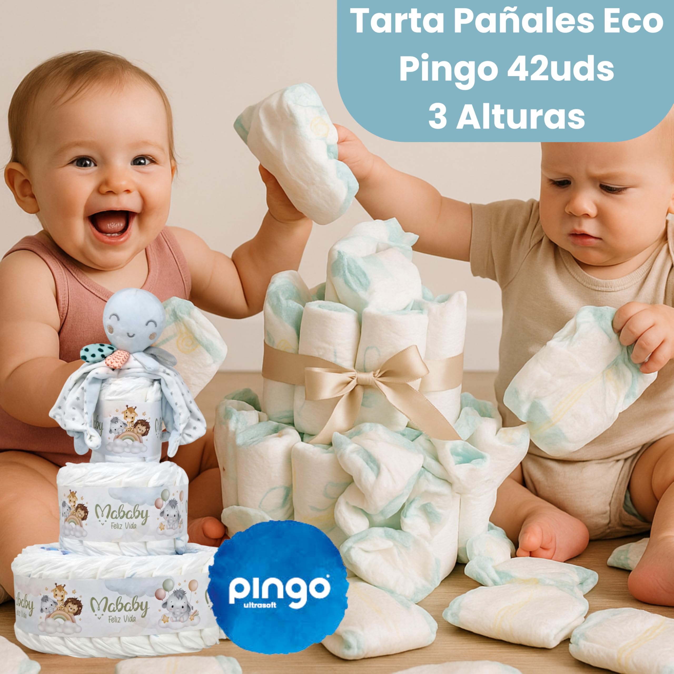 Tarta de Pañales Bebé Personalizada Mi Pulpito, 3 Pisos, Dou Dou Pulpo con Sonajero, Chupete con Nombre, Set de Higiene, Toallitas y Regalo Baby Shower Canastilla Original (Rosa)