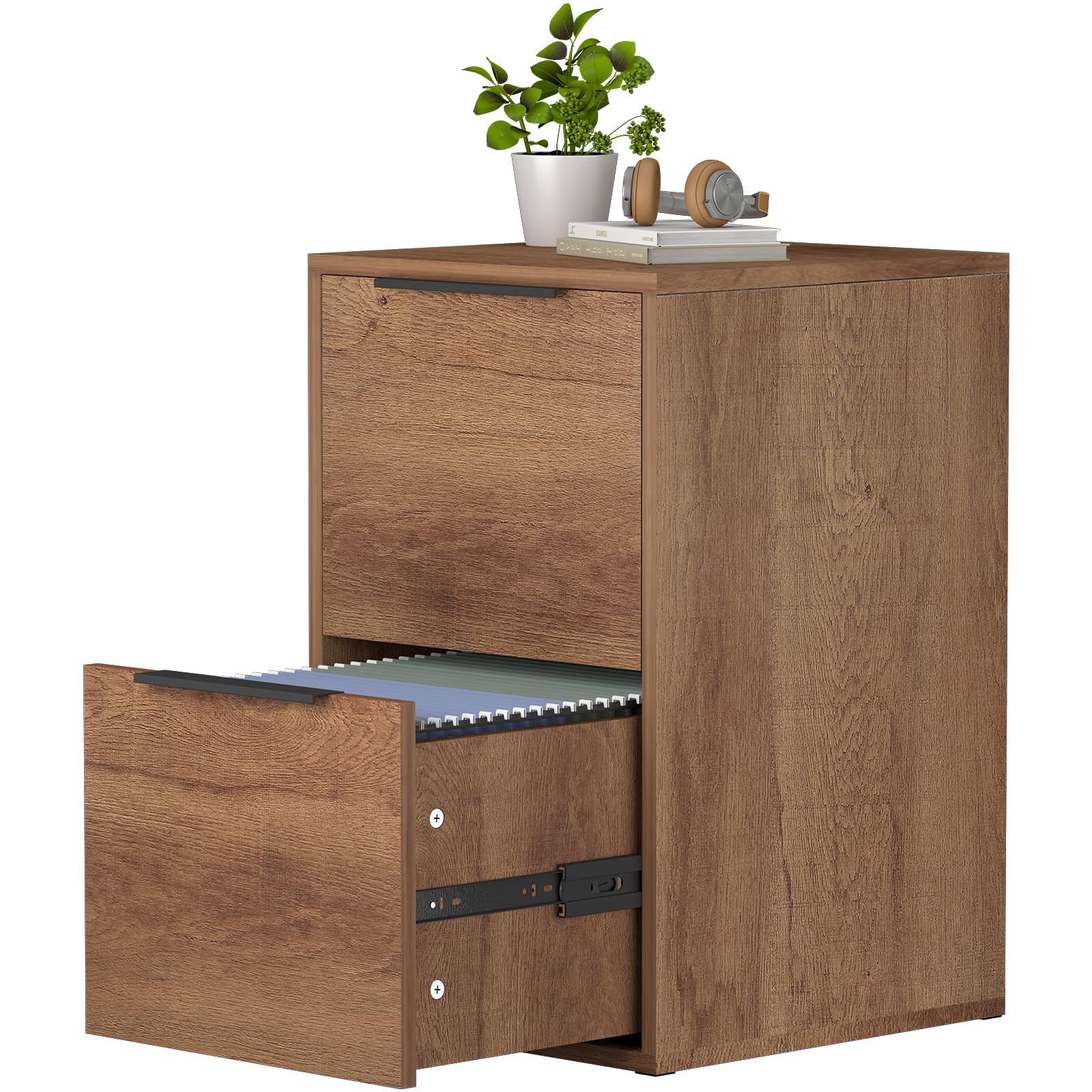 File Cabinet 2 Drawer, Wood Filing Cabinets with Hanging Bars for Letter Size, Samll Filing Cabinets for Home Office, Under Desk Storage Cabinet, Assembly Required, Brown