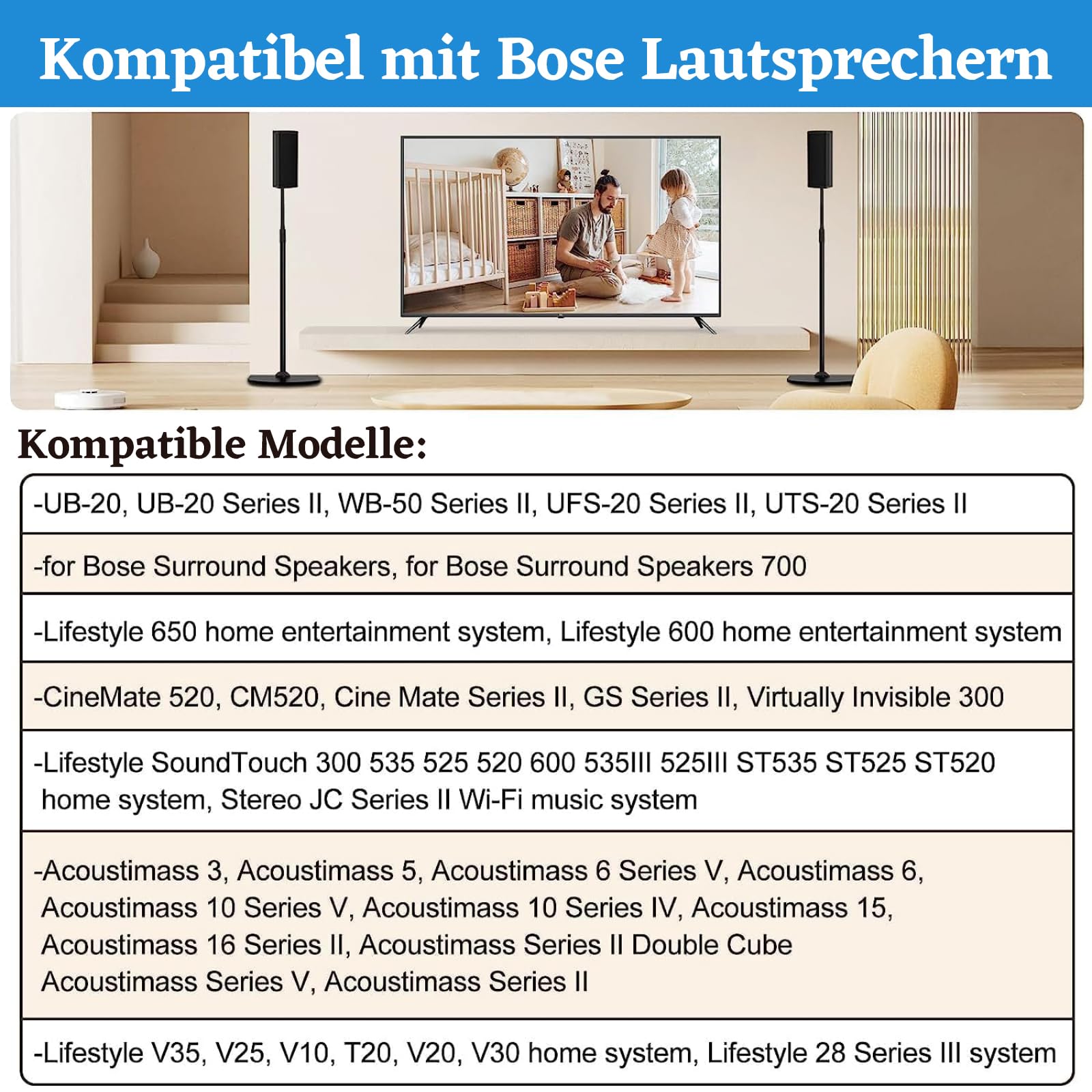 Stojak na głośniki Bose z regulacją wysokości i uchwytem Slideconnect, do głośników Bose Surround, Surround 700, CineMate GS Series II, OmniJewel Lifestyle 650