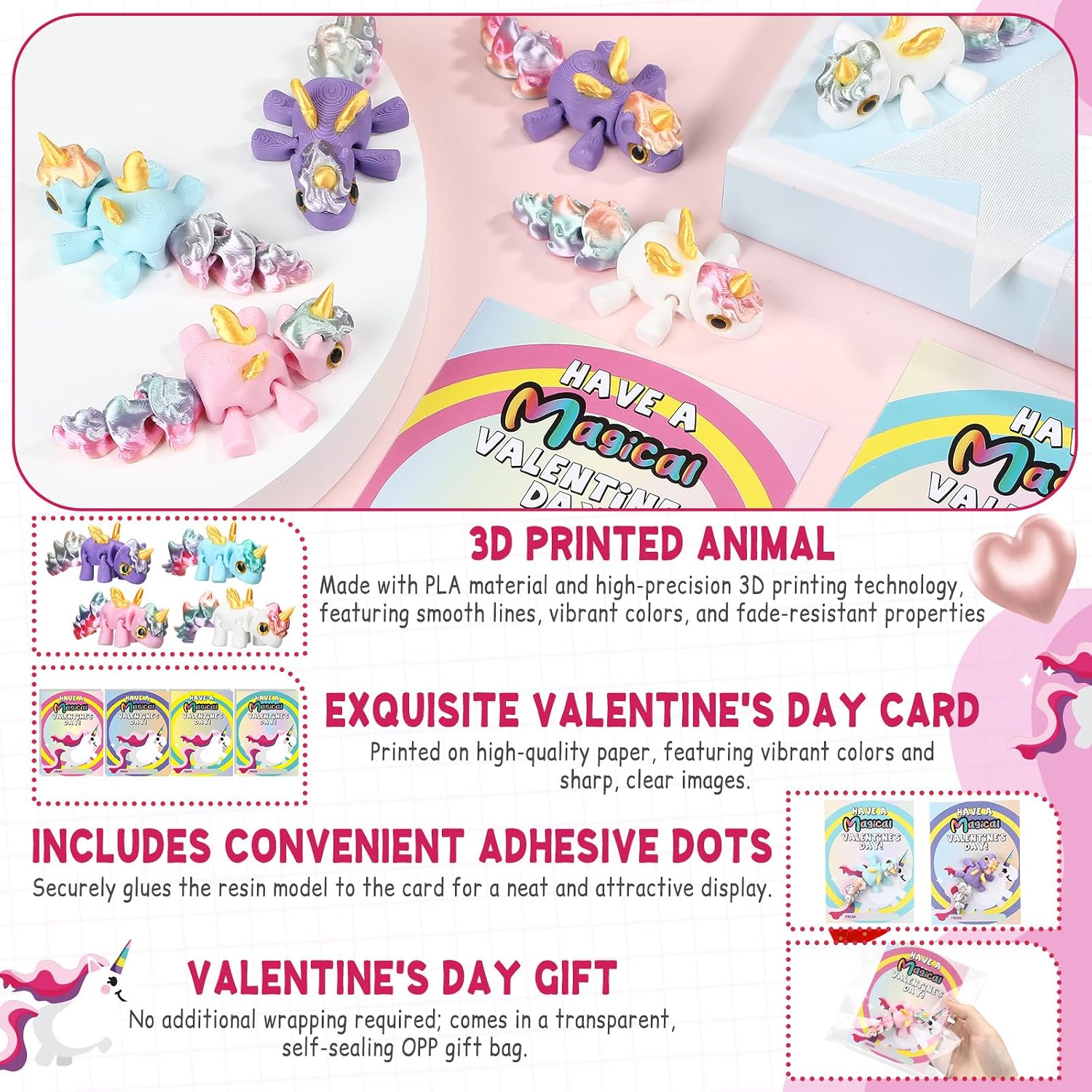 Soulchen 24 Sets Valentines Gifts for Kids Class 3D Printed Unicorn with Valentines Card Fidget Toy Sets Party Favors for Classroom School Reward Exchange Prize Gift