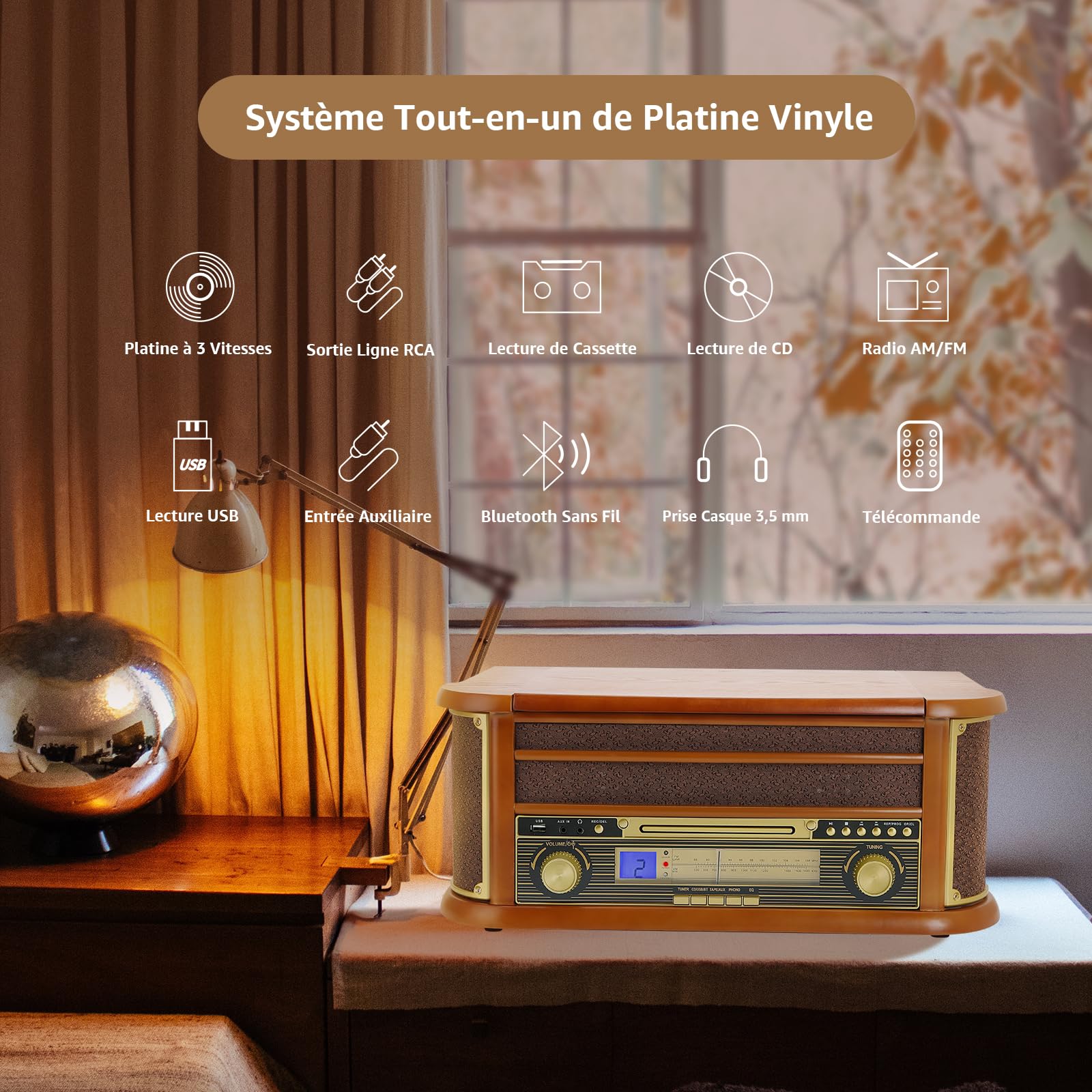 Platine Vinyle sans Fil Bluetooth à 3 Vitesses avec Haut-parleurs stéréo intégrés, phénographe Radio AM/FM avec Prise 3.5mm, CD/Cassette, AUX-in/RCA-Out, Lecture USB
