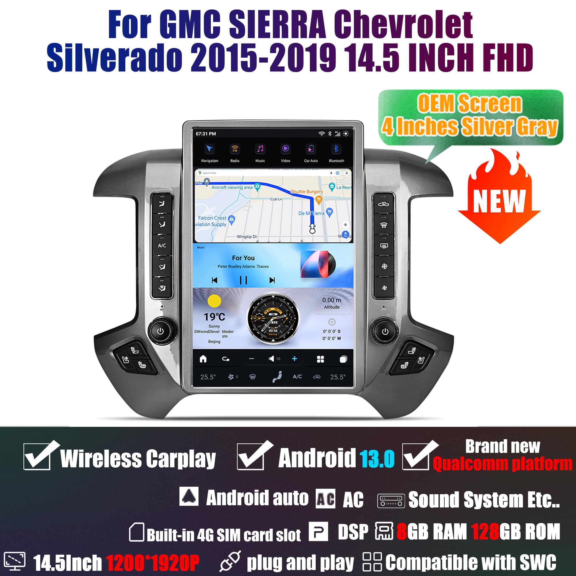 AUCARAUTO AuCar 14.5 Inch Android 13 Car Radio Head Unit for GMC Sierra Chevrolet Silverado 2015-2019 Only OEM 4