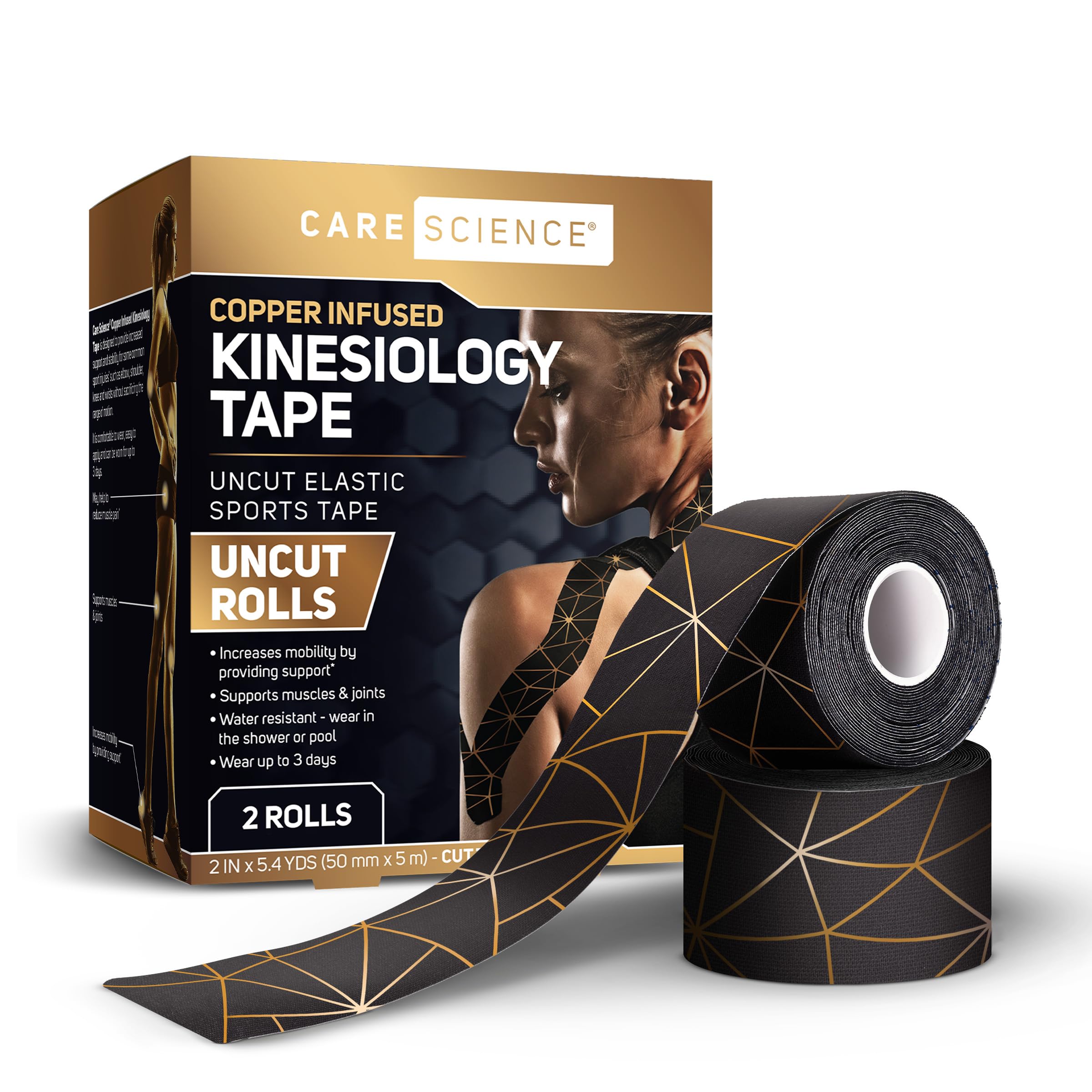 Care Science Waterproof Kinesiology Tape, Uncut 2 Rolls Copper Infused | Water Resistant Strips, Elastic Athletic Tape for Sports & Weightlifting,