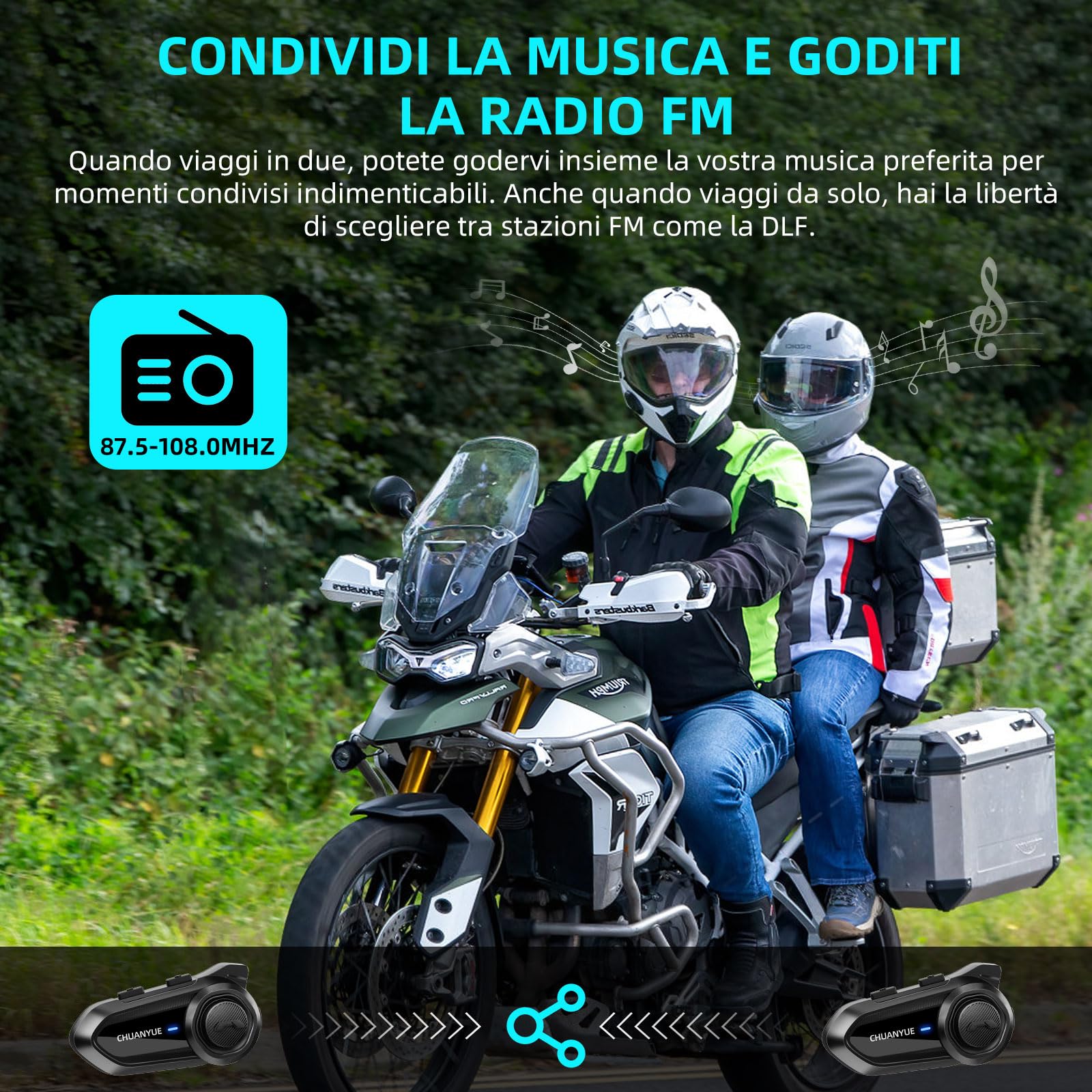R18 Cuffia per Moto con Interfono, Sistema di Comunicazione per Caschi da Moto fino a 10 motociclette con una portata di 2000m, Cuffia per Casco, 2pcs