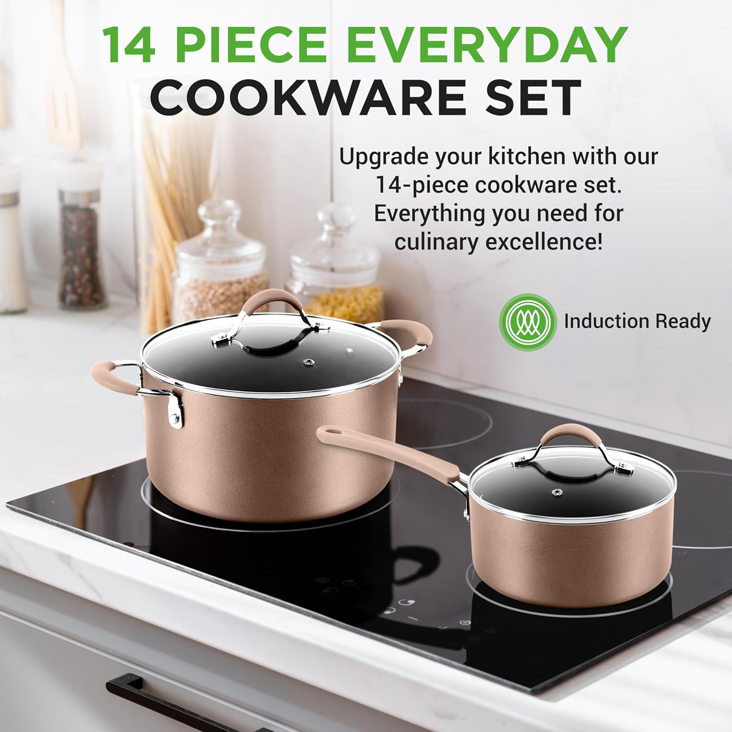 14-Piece Bronze Aluminum Non-Stick Cookware Set