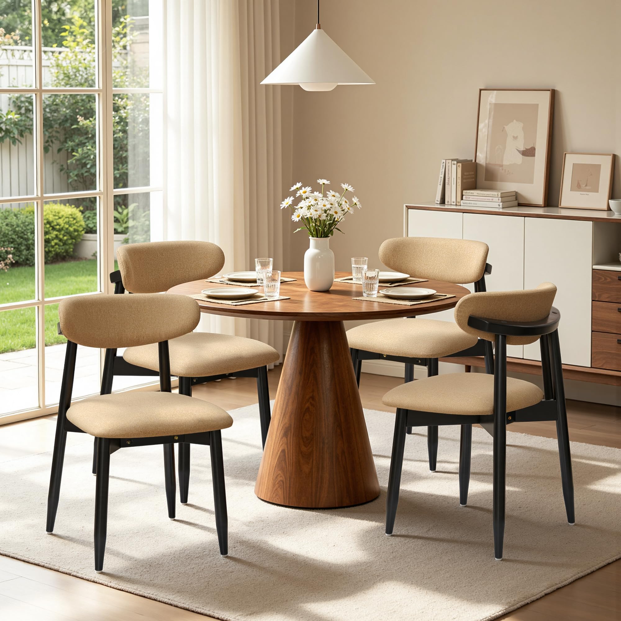 CHUN YI Dining Chairs Set of 4, Upholstered Wooden Dining Room Chairs with Ergonomic Curved Back, Mid Century Modern Fabric Kitchen Chairs, Khaki (Only Chairs)