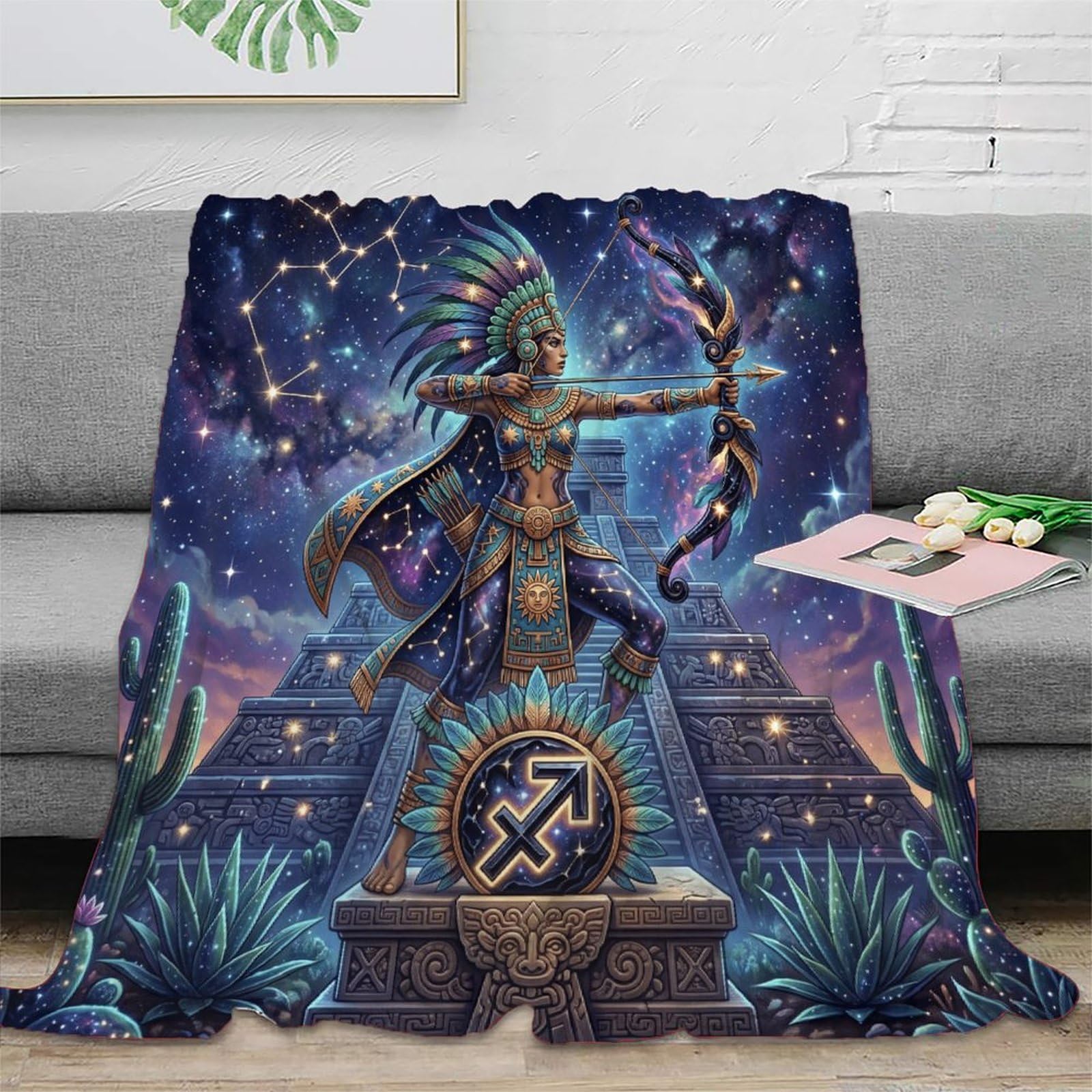 W7C8U2X3 Sagittarius Zodiac Aztec Flannel Throw Blanket, Bedroom Sofa Couch