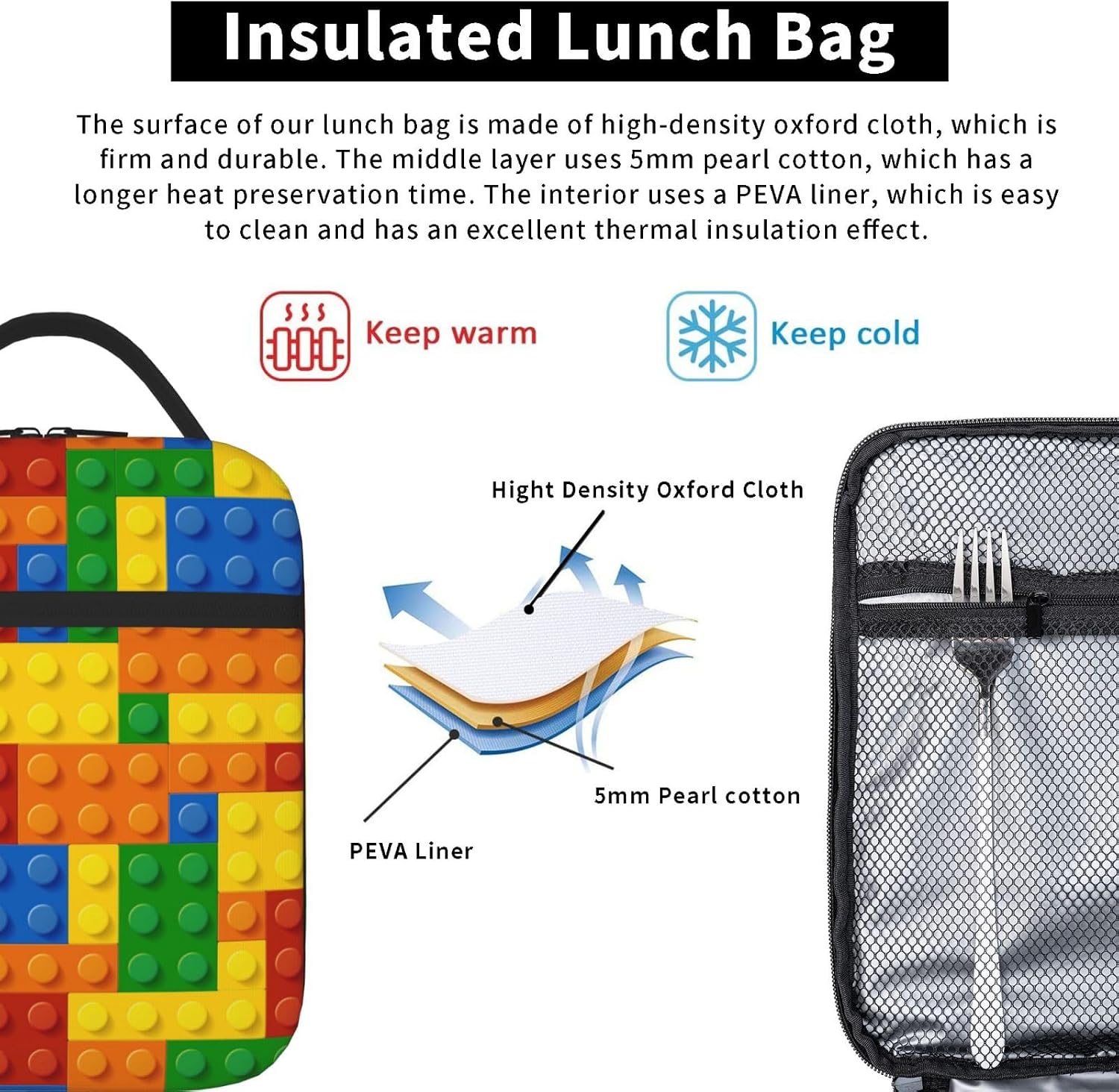 Fun Blocks Colorful Insulated Lunch Bag Reusable Cooler Lunch Box Portable Leakproof Thermal Container Tote Bags for Girls Boys School Travel image 5