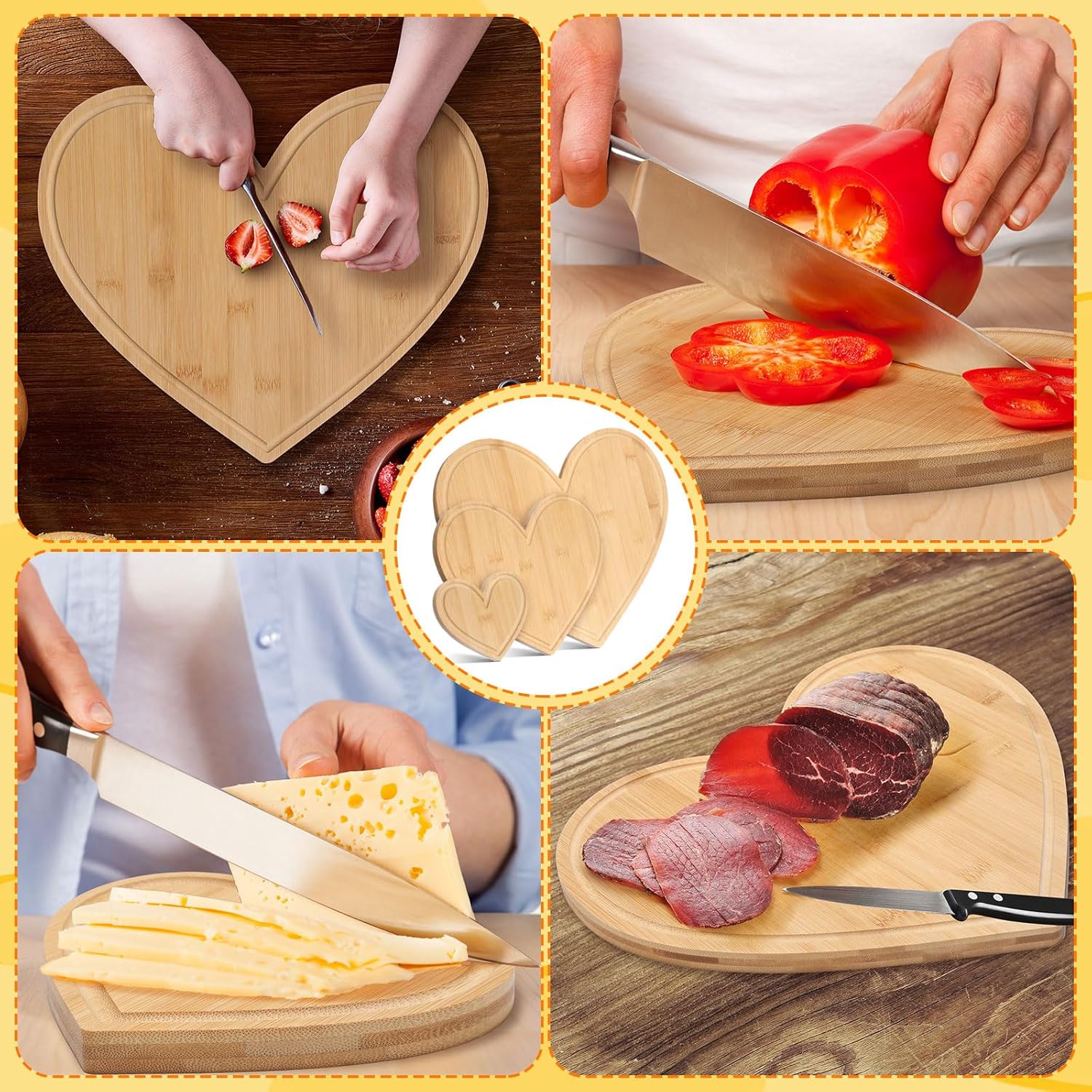 Patelai 3 Pcs Valentine's Day Heart Charcuterie Board 3 Sizes Bamboo Wood Heart Shaped Cutting Boards Wooden Serving Tray Bread Pizza Cheese Serving Tray for Kitchen Wedding Baby Shower Prize Favor
