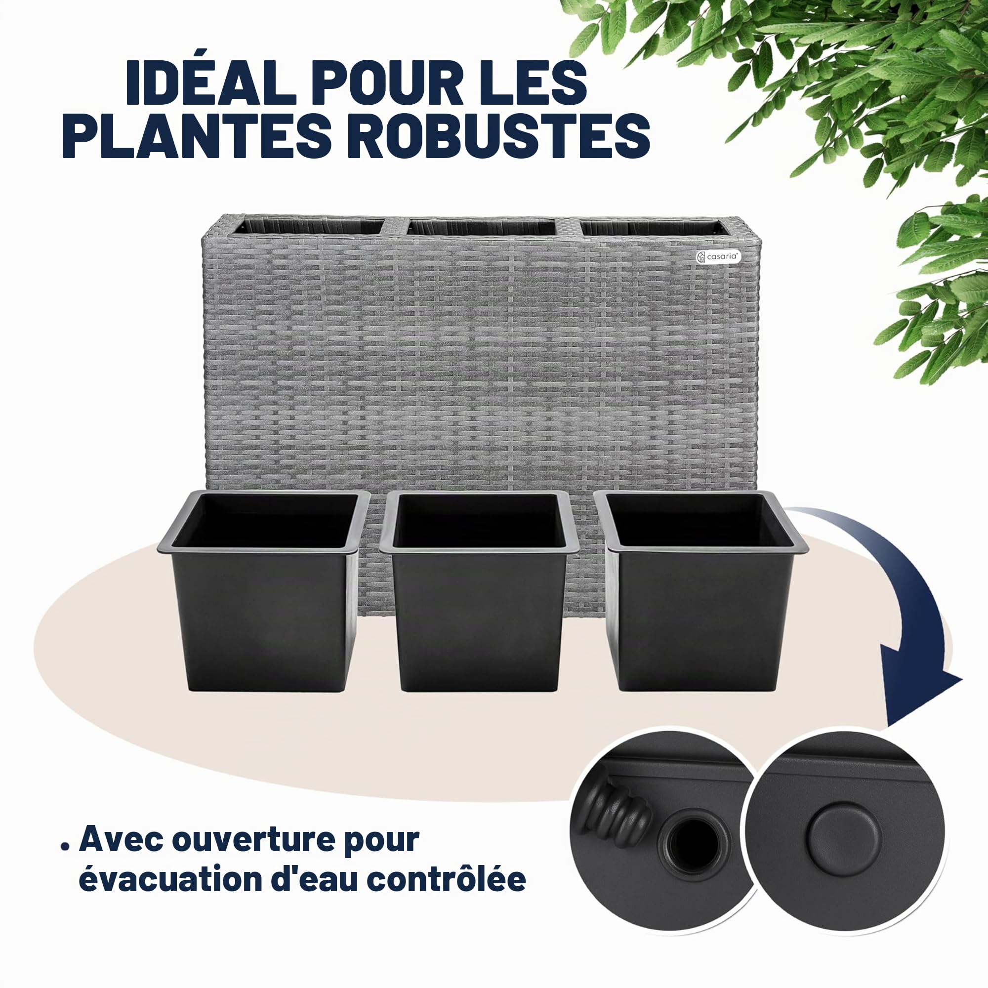 CASARIA Bac à Fleurs Polyrotin Gris | Jardinière Verticale, Dimensions: 83x30,5x60 cm, Intérieur et Extérieur, 3x Pots Amovibles, Aspect Rotin, avec Drainage