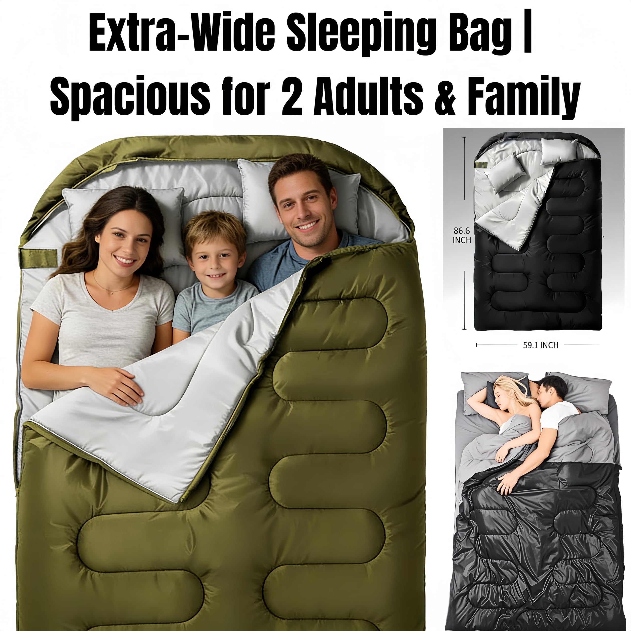 Gigoteuse double 2P 220 x 150 cm, sac de couchage 3 en 1 divisible en 2 sacs individuels, sac de couchage de camping imperméable avec oreiller, lavable, léger, sac de couchage extérieur, randonnée