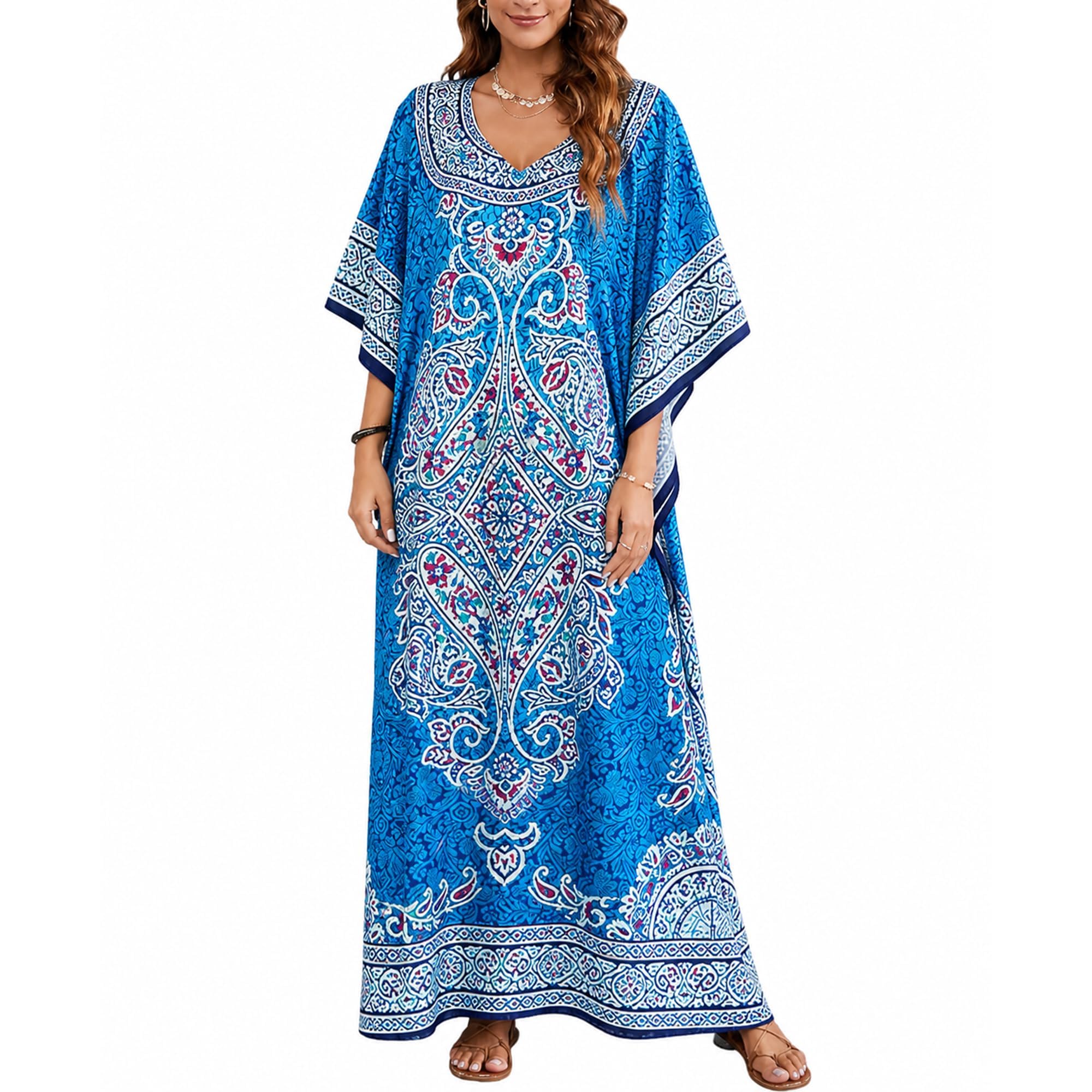 Goood Times Gypsie Blu Long Caftan Women Dress Blue Maxi Floral Kaftan Plus Size Beach Cover up