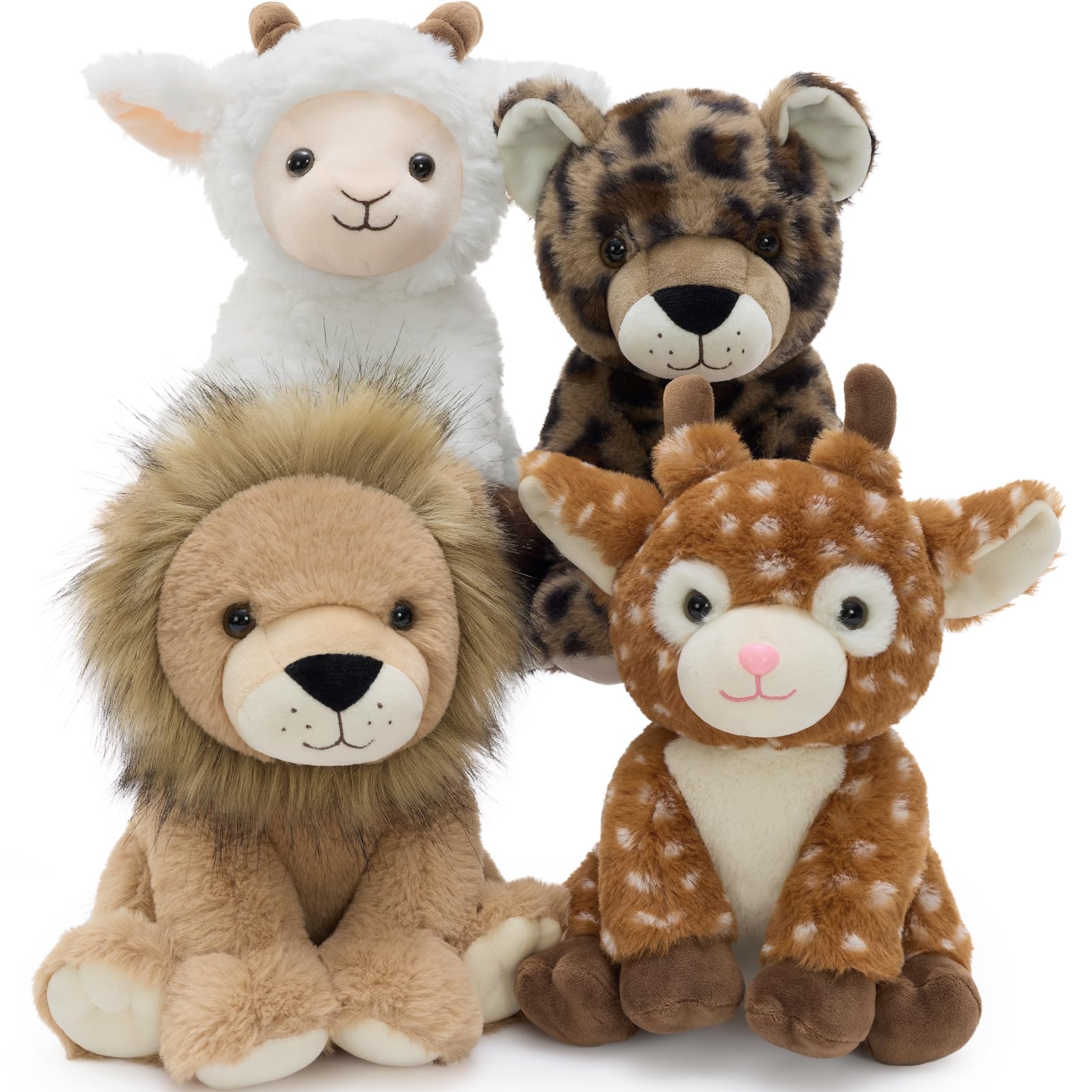 MorisMos 4 Pcs Woodland Stuffed Animals Bulk 8 Inch Lion Leopard Deer Goat Prairie Animal Plushies Woodland Collection