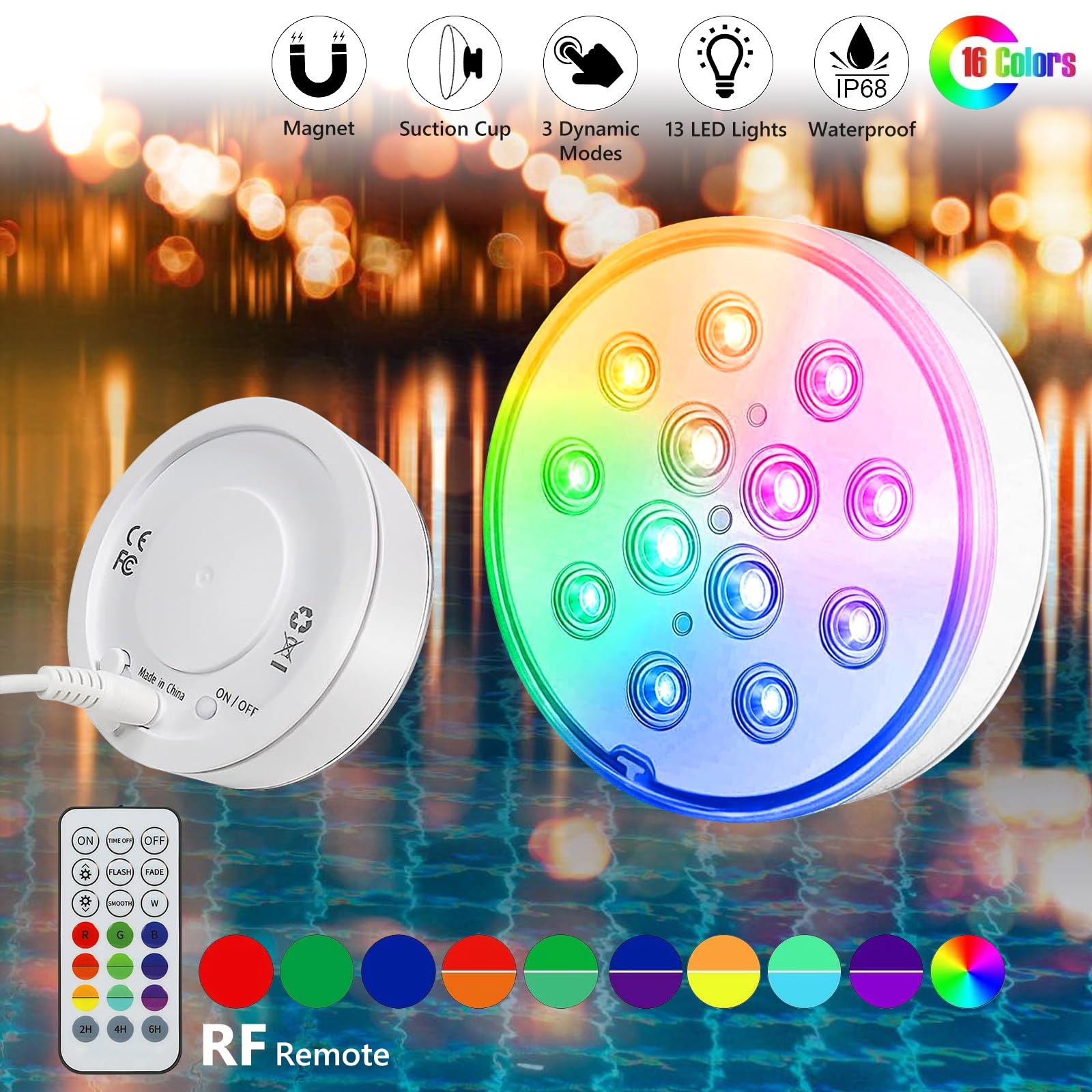 Oświetlenie podwodne do basenu, 2 sztuki, z pilotem zdalnego sterowania, wodoszczelność IP68, 13 diod RGB, oświetlenie stawu, do ogrodu, na basen, wannę, akwarium