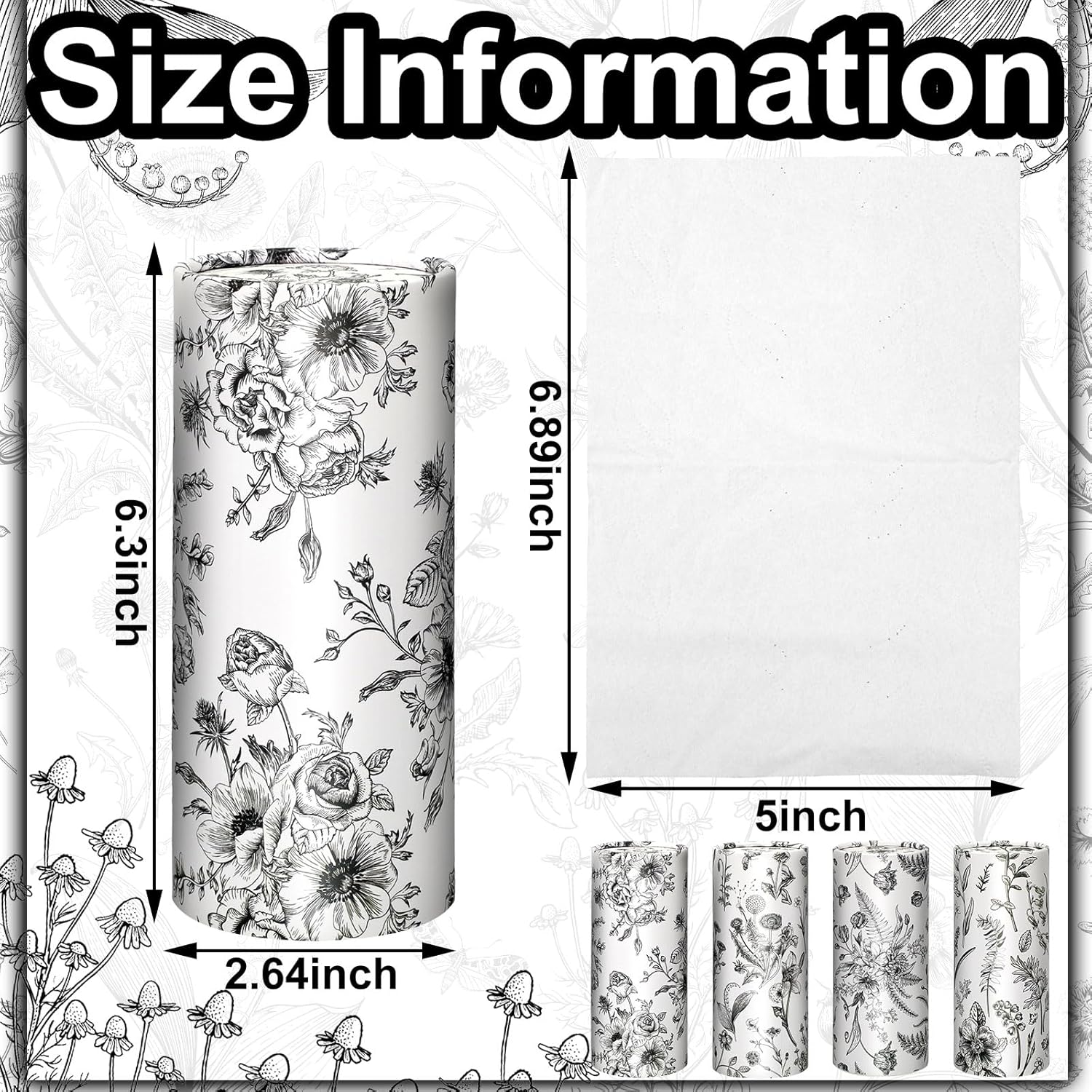 Zonon 8 Pcs Vintage Floral Round Tissues Holder Car Tissues Cylinder with Facial Tissue Bulk Black Flower Tissue Box Travel Tube for Spring Car Decoration with 50 Sheets for Cup Holder Round Container