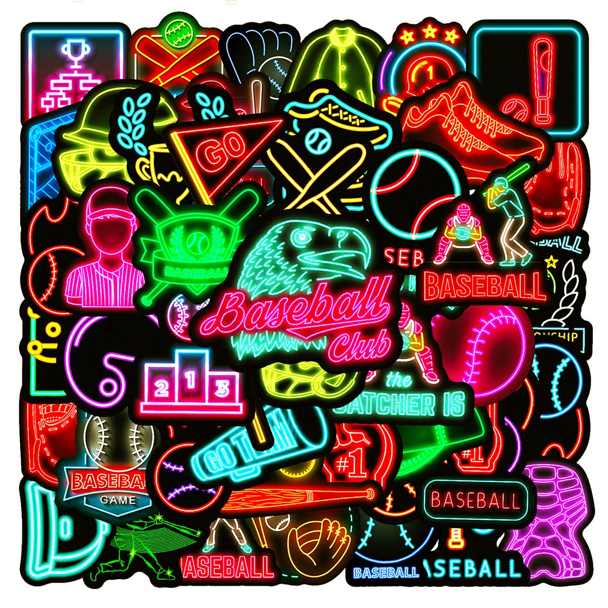 Pegatinas de vinilo estilo béisbol neón: 50 calcomanías impermeables para termos y monopatines.