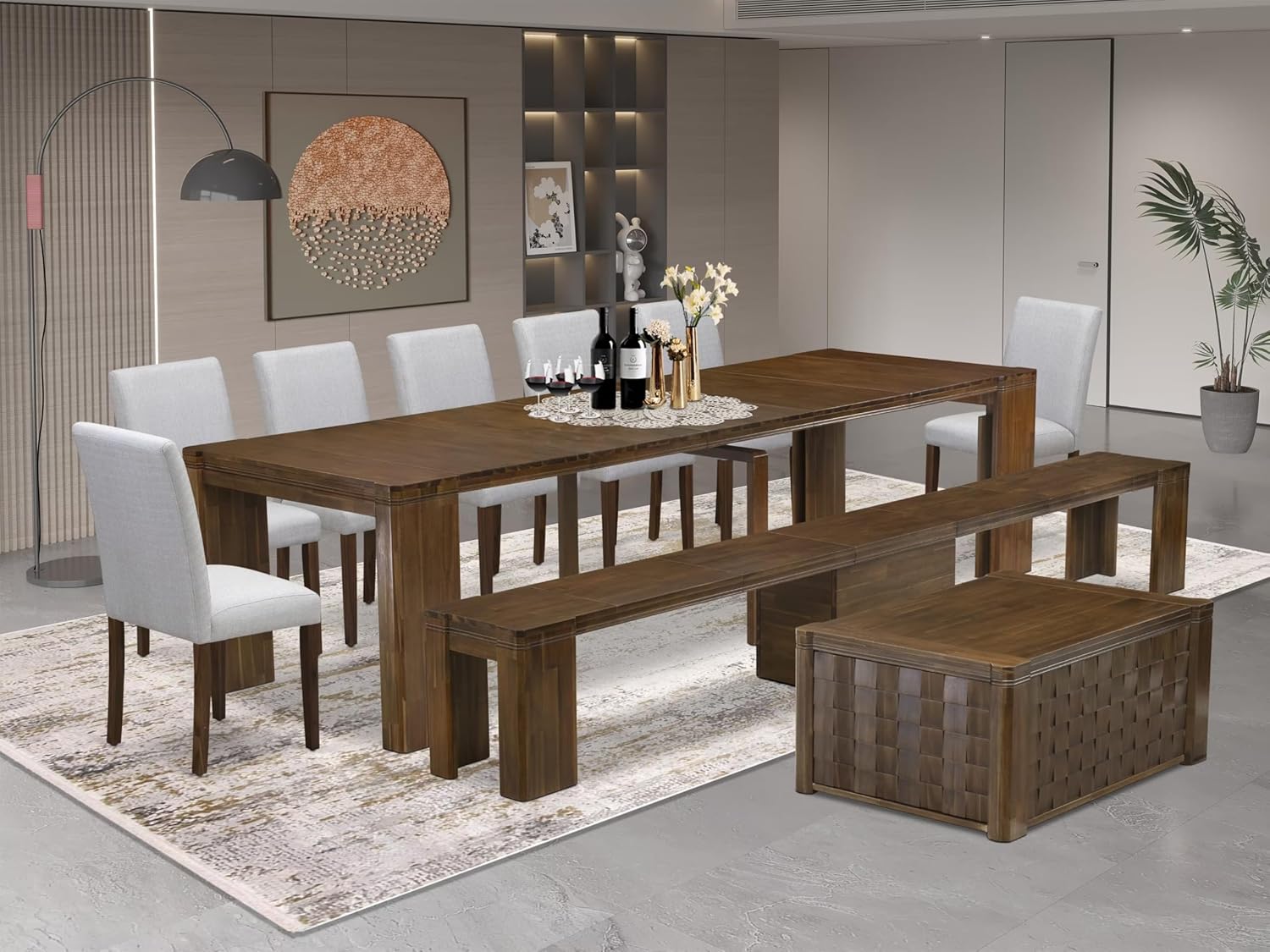 X07AB-BC8-05 - 10 pc Mid Century Dining Set includes an Extendable Rectangle Table, 1 Coffee Table, 7 Dining Chairs and 1 Modern Bench, 39x120 Inch, Antique Walnut