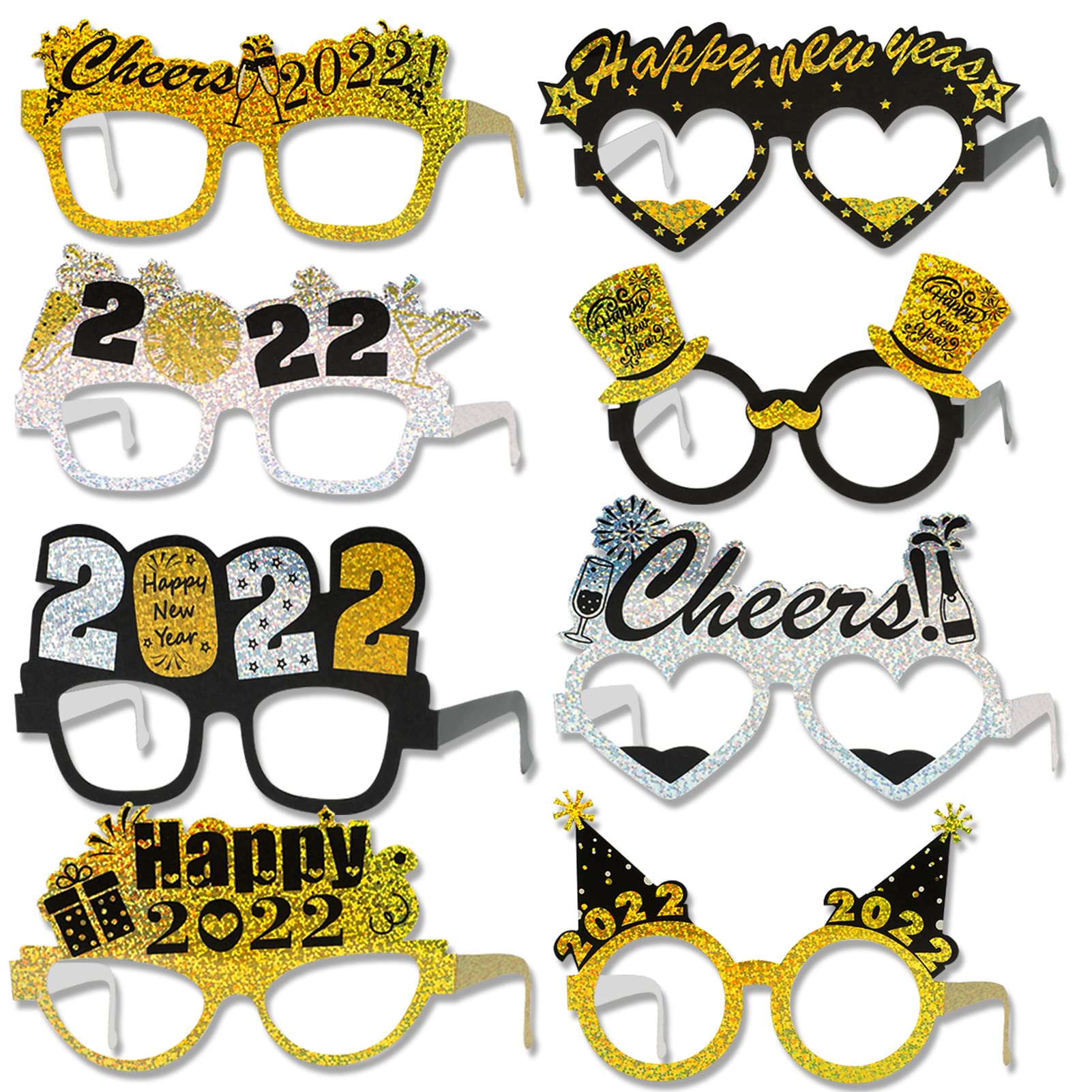 HOWAF18Pcs Glitter Black Gold Silver Happy New Year Glasses 2025 Glasses New Years Glasses Paper Party Glasses for New Years Eve Party Supplies 2025 NYE Party Favors New Years Decorations, 9 Styles