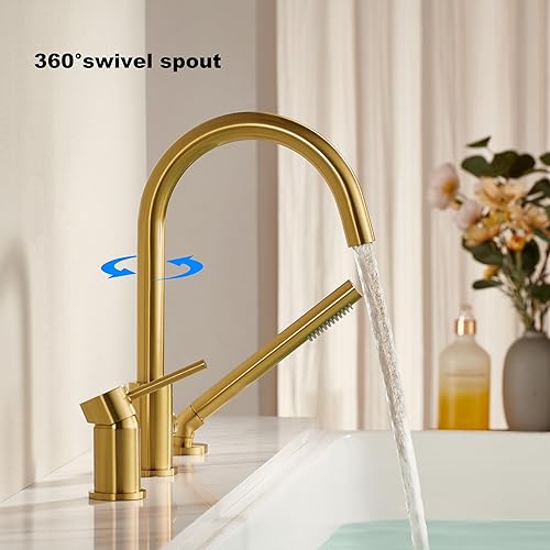 Miniatura 21 de Grifo de bañera de montaje en cubierta negro con rociador, grifos de bañera de alto flujo, grifo de baño de latón con mango montado en la ducha