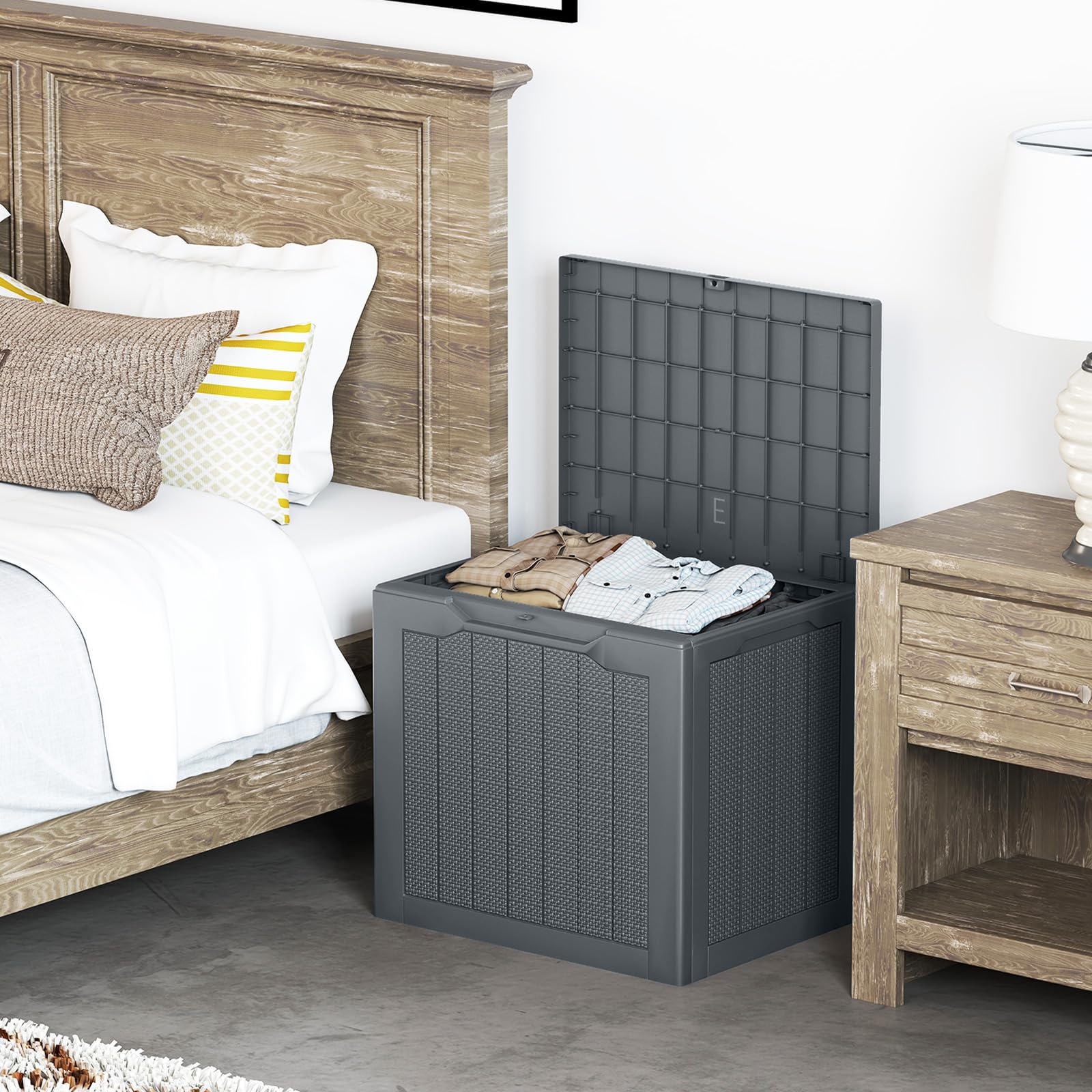 GIANTEX Auflagenbox 106L, Gartenbox mit abschließbarem Deckel, Kissenbox mit Stauraum, Outdoor Schrank, Aufbewahrungsbox Rattan-Optik für Garten, Terrasse und Pool (Grau)