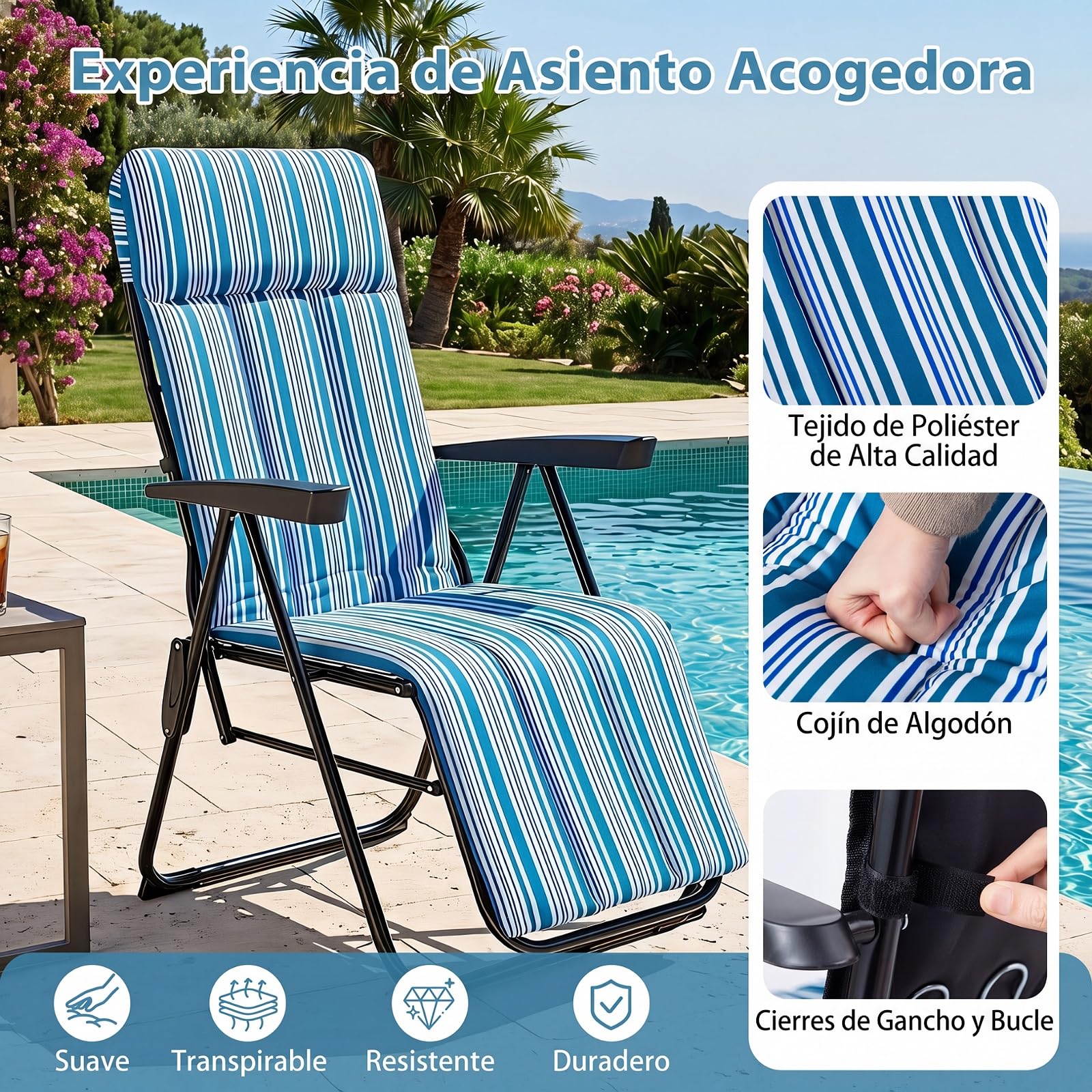 COSTWAY Hamaca Jardin Tumbona Plegable, Sillas Playa Reclinable | Respaldo en 6 Posiciones, Cojín Acolchado y Apoyabrazos, Tumbona Portátil Terraza Piscina Camping, Carga 150 kg
