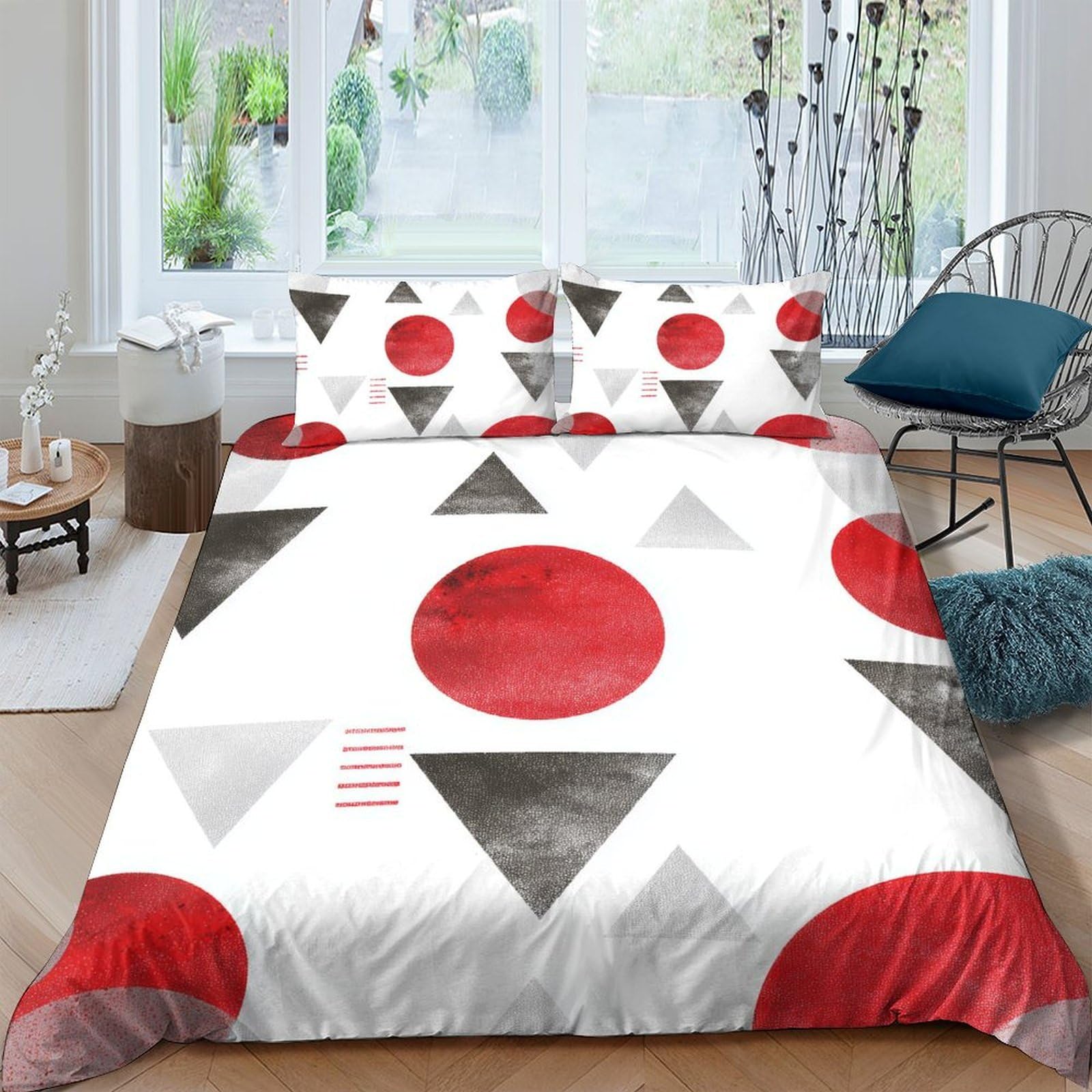 Ctjqhvkz Style-7 3D Printed Geometric Red Circle Fitted Sheet Microfiber Non Slip Black Triangle Bed Cover For Bedroom Guestroom Single（135X200cm）