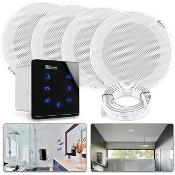 Power Dynamics A100 Bluetooth Ceiling Speakers Set of 4 - 4 x Built-in Speakers 5 Inch IPX5 Waterproof - 160 Watt Amplifier - Bathroom & Outdoor Use - Flush-Mounted Radio 55 mm Deep - White/Black