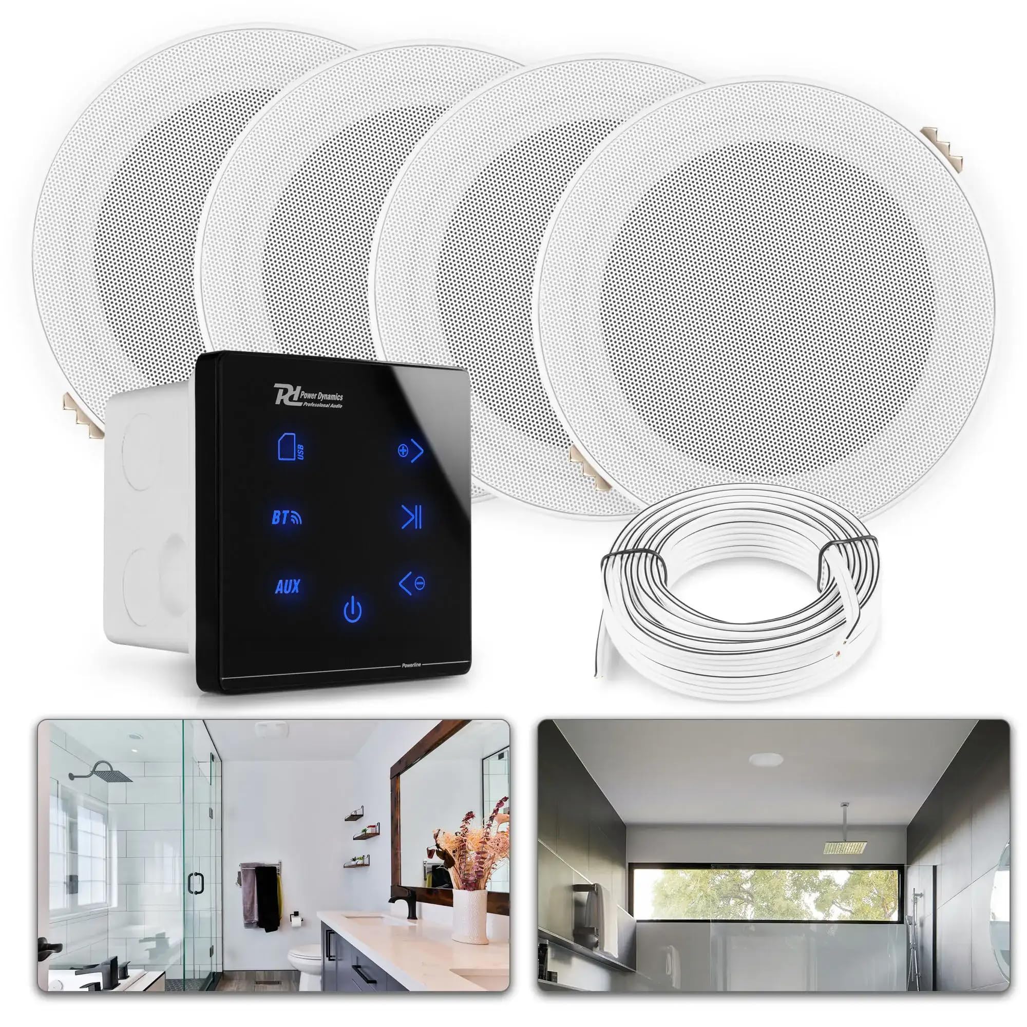 Power Dynamics A100 Bluetooth Deckenlautsprecher 4er Set – 4X Einbaulautsprecher 5" IPX5 Wasserdicht – 160 Watt Verstärker – Badezimmer & Außenbereich – Unterputzradio, 55mm Tief - Weiß/Schwarz