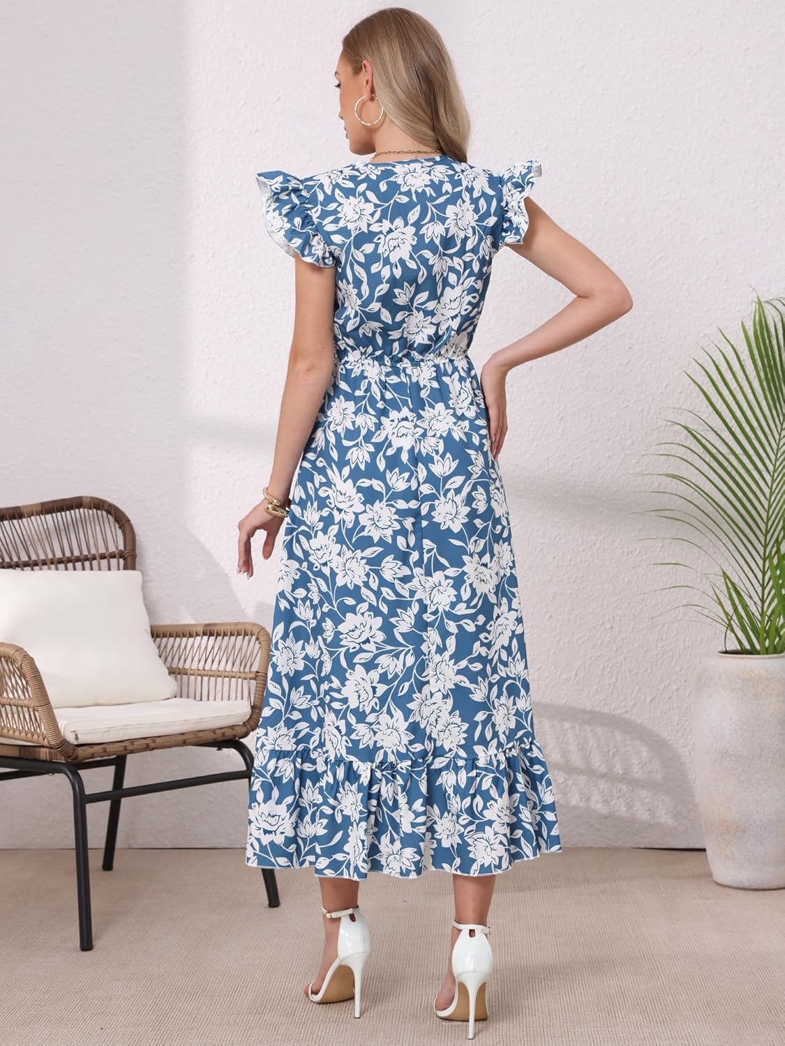 Allegra K Women Floral Dresses Summer Bohemian V Neck Cap Sleeveless A-Line Maxi Sun Dress - Image 2