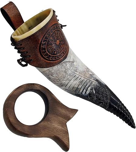 Miniatura 6 de 5MOONSUN5 's Auténtico cuerno vikingo grabado a mano cuerno para beber hecho a mano con soporte y funda de cuero, jarra de estilo nórdico único taza