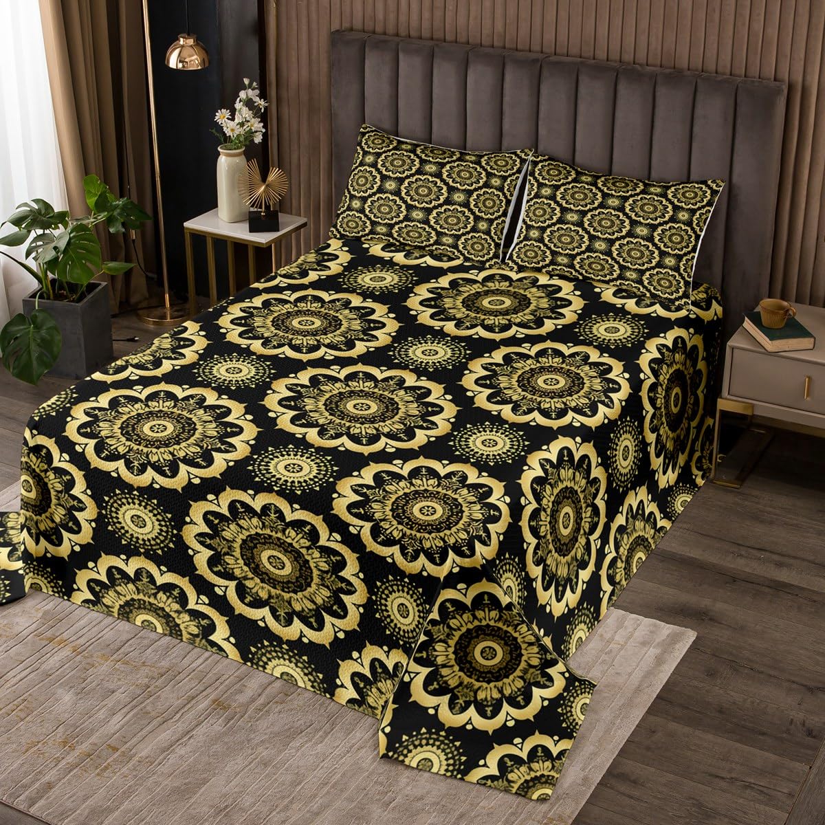 jejeloiu Paisley Coverlet Set Queen Size Damask Pattern Bedspread for Kids Boys Girls Black Gold Bedding Set European Pattern Bed Cover 3Pcs