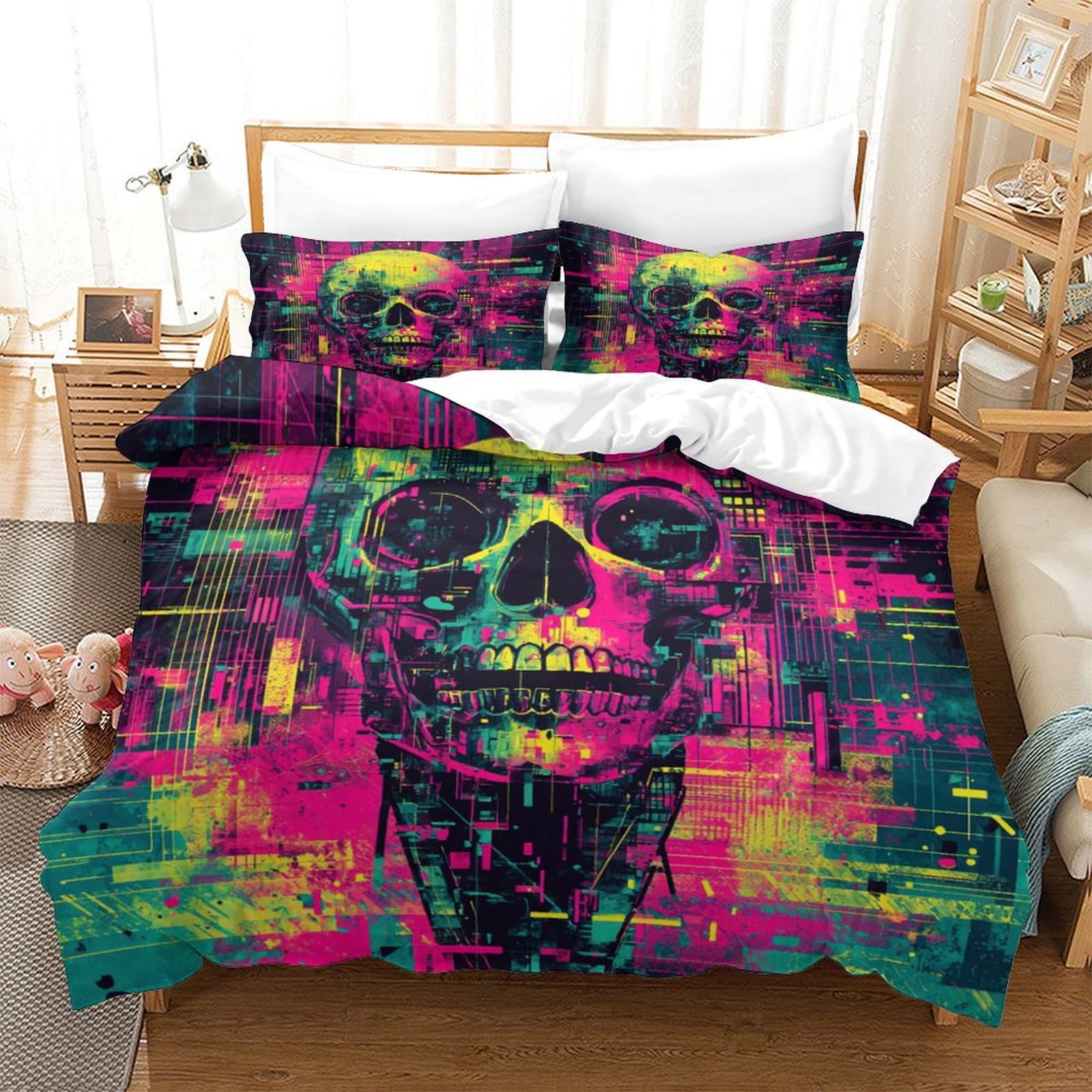 P1S9U7W5Y Urban Graffiti 3D Printed Skull Duvet Cover Set 3pcs Premium Microfiber Skull Graffiti Bedding Set King（220x240cm）