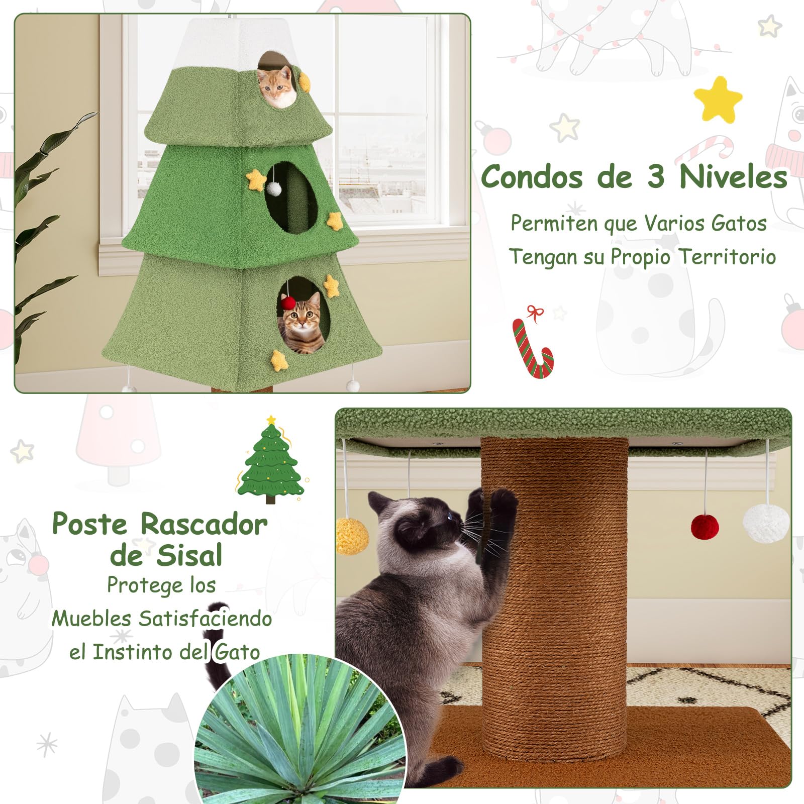 COSTWAY Árbol de Navidad para Gatos, 162 cm Torre para Gatos Navideño con 3 Condominios, Rascador de Sisal, Bolas Colgantes, Adorno de Estrella, Funda de Felpa Teddy Extraíble, Árbol Rascador Gato