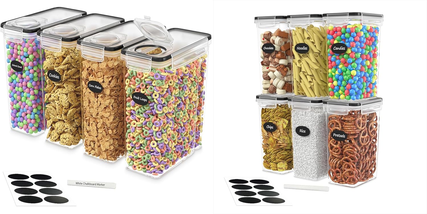 4 Pack Cereal Dispenser Airtight Food Storage Containers and Pack of 6 Plastic BPA Free Kitchen Pantry Storage Containers with Labels and Marker