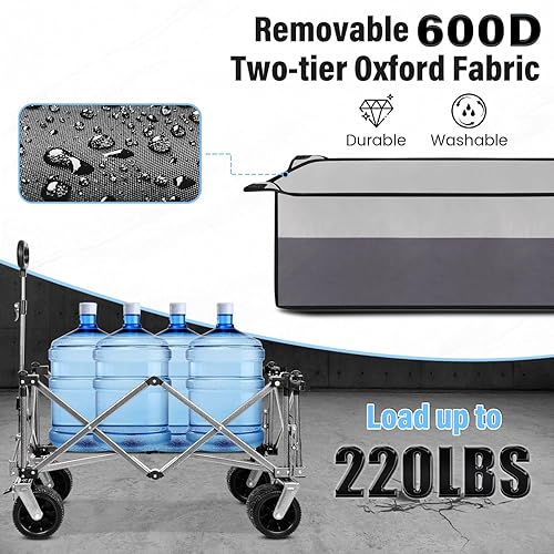 Miniatura 7 de Carrito de playa con ruedas grandes y freno, plegable de 180 L, plegable, para servicio pesado, portón trasero extensible, para arena, camping,