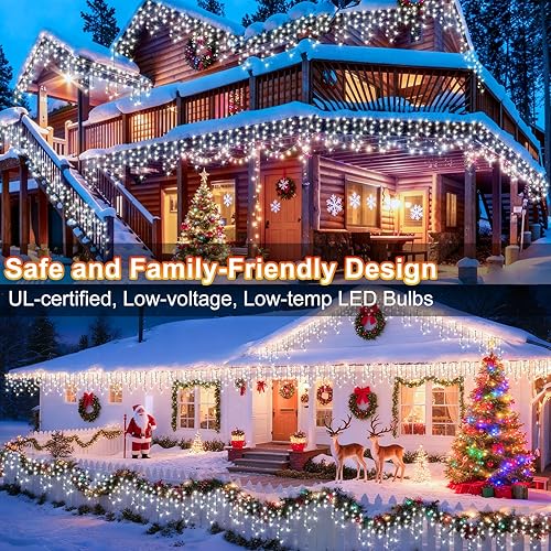 Vista 34 de KNONEW 164 pies 1600 luces LED de Navidad decoración al aire libre, temporizador blanco, 8 modos de luces colgantes con 320 gotas, enchufe en Blanco
