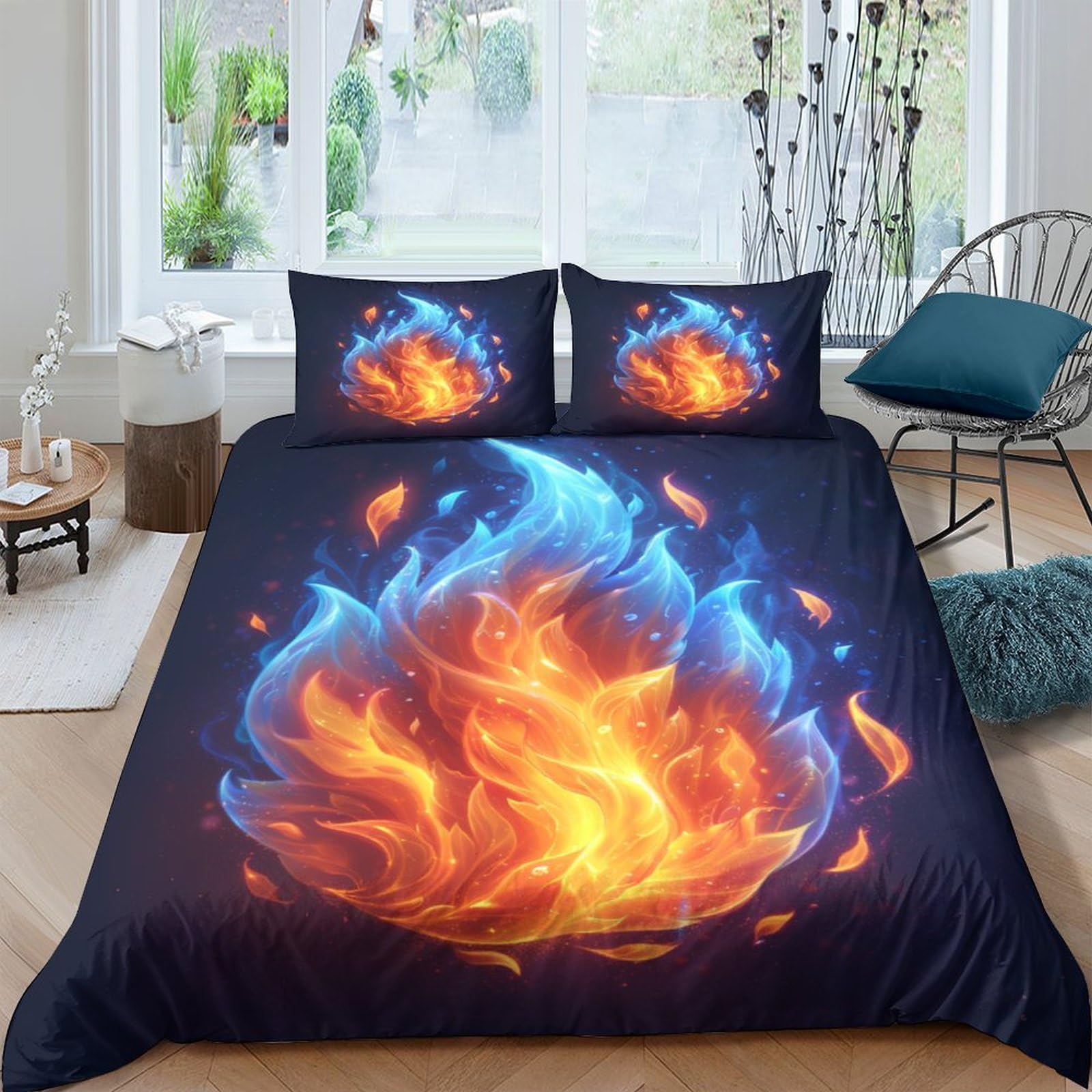 Housse de couette flammes 220x240 cm en microfibre avec 2 taies d'oreiller