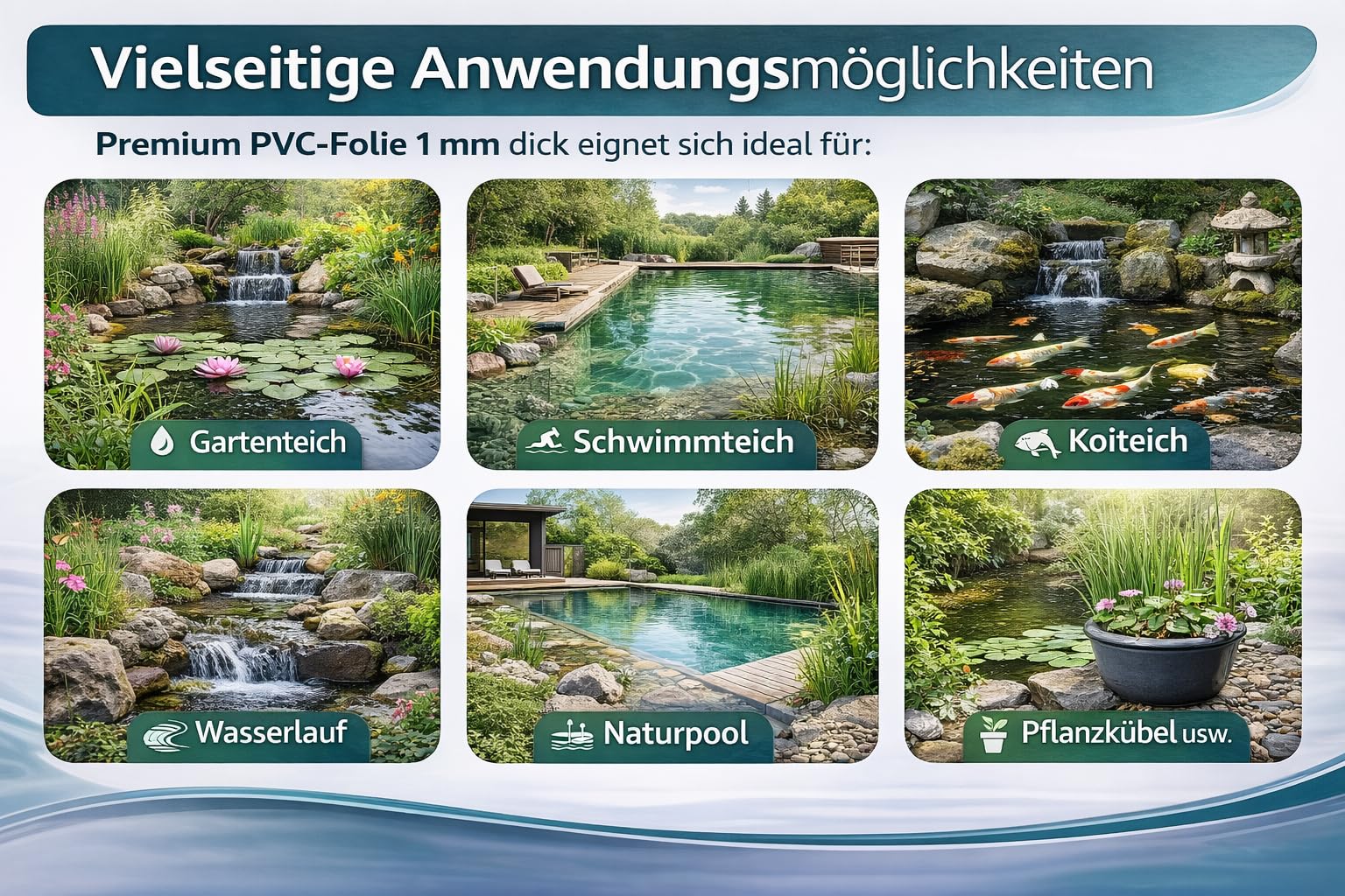 Professionelle Teichfolie PVC 1mm 3x5, 15 Jahren Garantie für Gartenteich Swimmteich UV- und witterungsbeständig 3m x 5m
