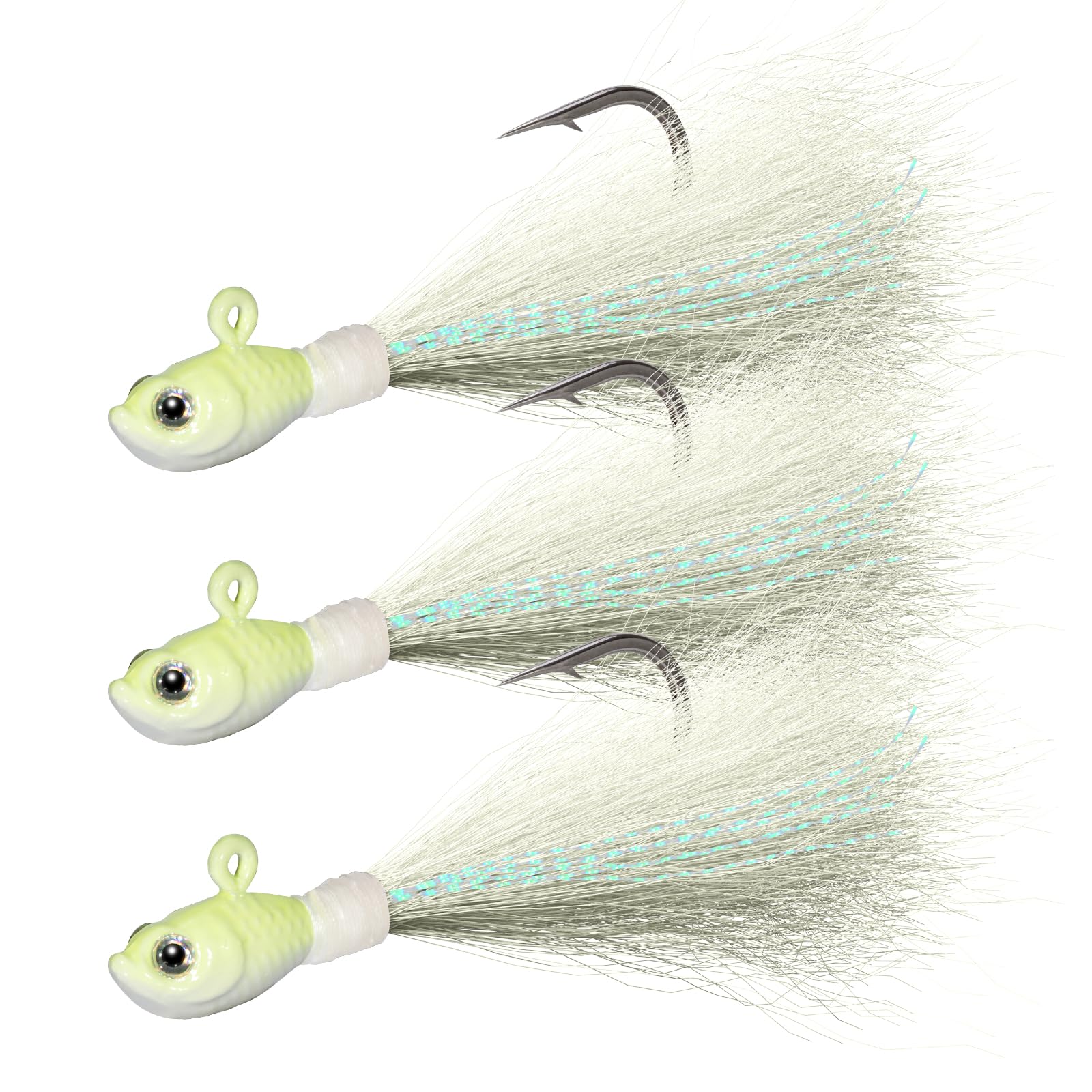 Dr.Fish 3 Pack Bucktail Jig Lure Hair Jig Saltwater Freshwater Lures Surf Fishing White Red Chartreuse Bass Flounder Striper Bluefish Halibut Redfish 1/2oz, 1oz, 2oz, 4oz, 6oz