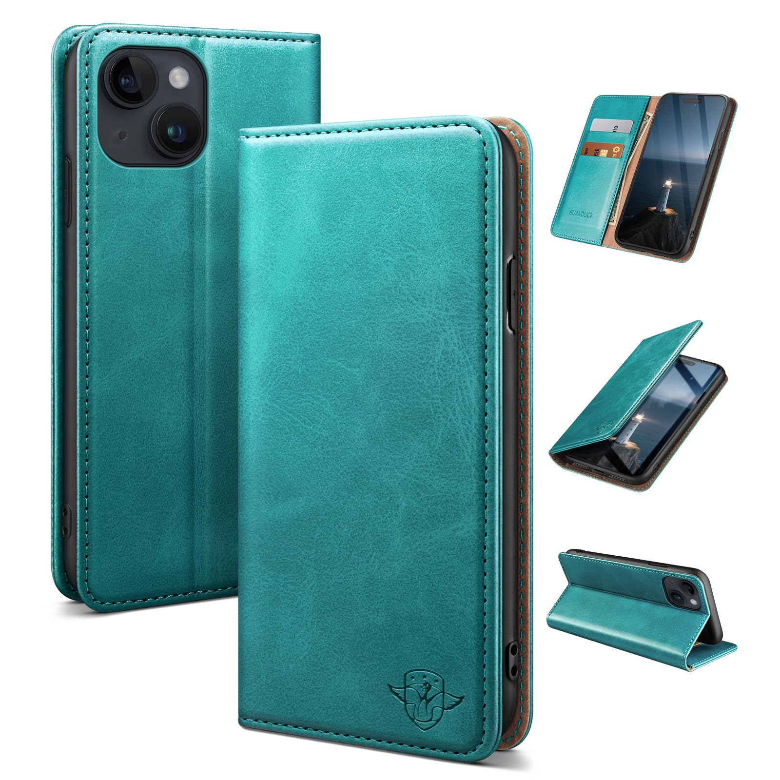 Etui RFID iPhone 15 antichoc avec support réglable en cuir bleu vert - 8