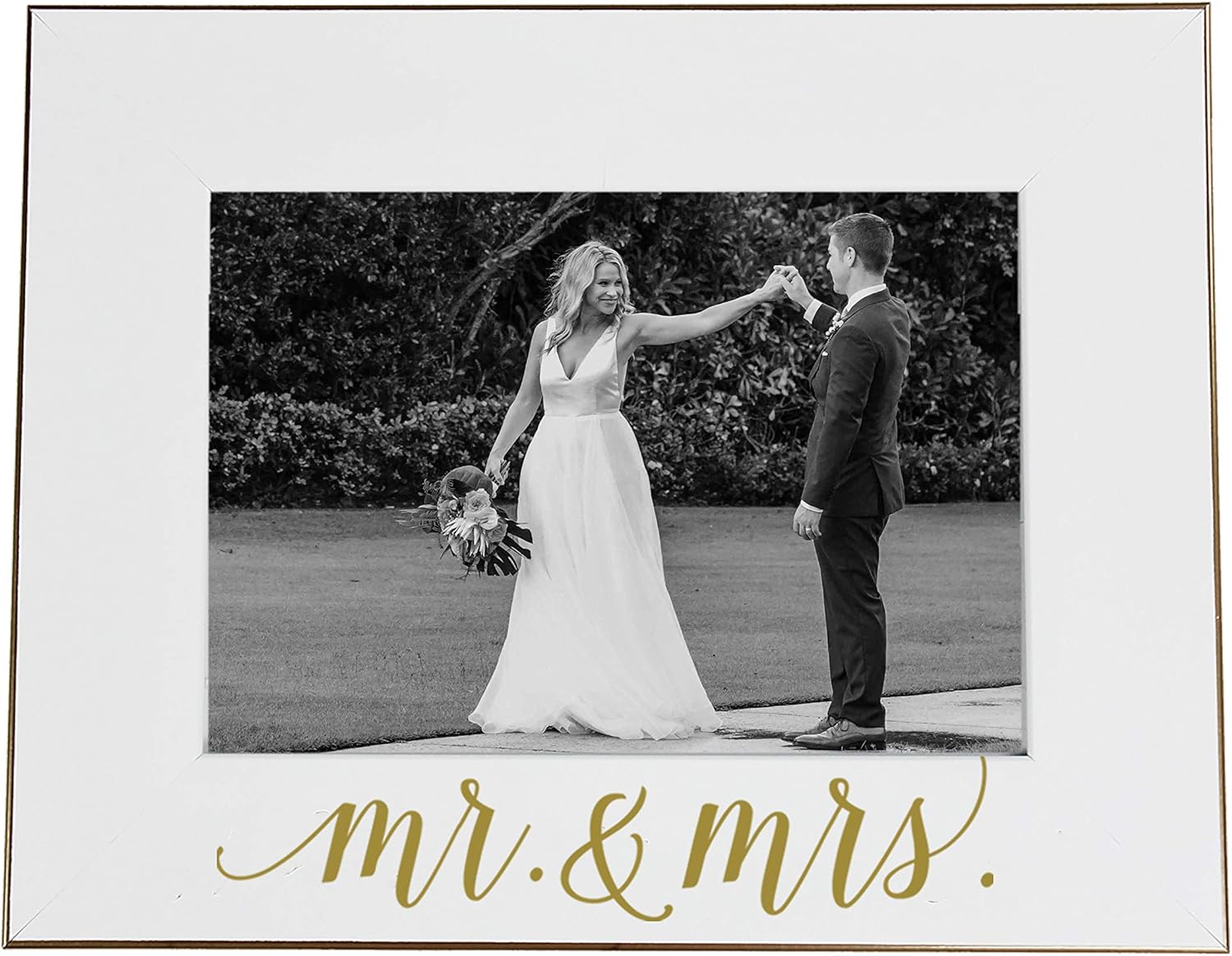 The Paisley Box 5x7 Mr. & Mrs. Frame - Wedding Picture Frame, White with Gold Calligraphy, Holds 5x7 Photo, Easel-Back & Wall Mountable