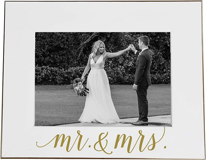 The Paisley Box 5x7 Mr. & Mrs. Frame - Wedding Picture Frame, White with Gold Calligraphy, Holds 5x7 Photo, Easel-Back & Wall Mountable