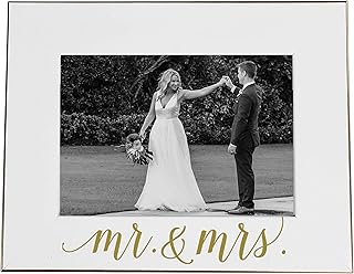 The Paisley Box 5x7 Mr. & Mrs. Frame - Wedding Picture Frame, White with Gold Calligraphy, Holds 5x7 Photo, Easel-Back & Wall Mountable