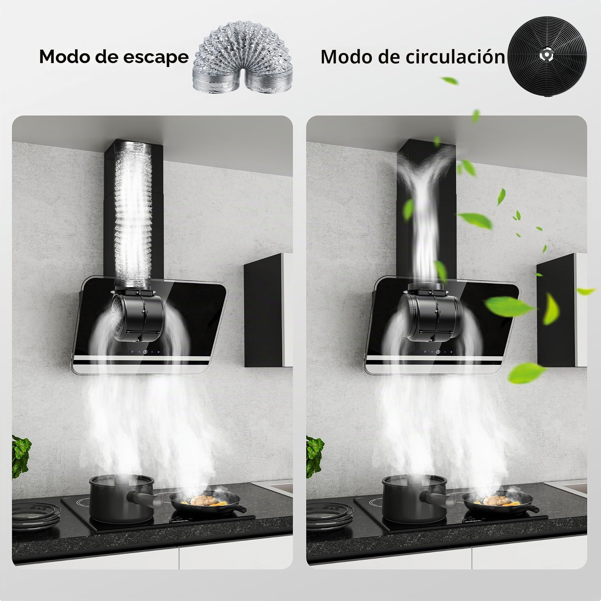 FIREGAS Campana extractora 60cm, Extractor inclinado, Motor sin escobillas, Bajo Consumo, 9 velocidades, 578m³/h, LEDs, Recirculante y Extracción, Incluye filtro de carbón