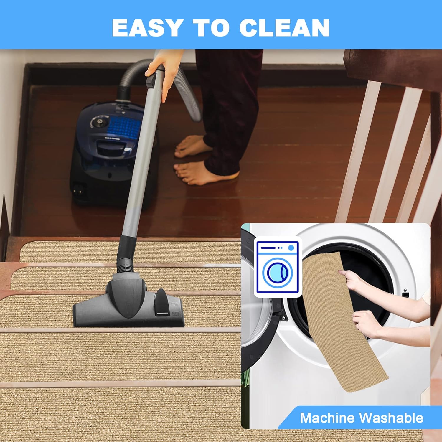 JOENIE Soft Stair Treads Non-Slip Carpet Mat for Wooden Steps, 8" X 30" (15-Pack) Indoor Staircase Carpets, Stair Runners Rugs Safety for Elders, Kids and Dogs with Reusable Adhesive (Beige)