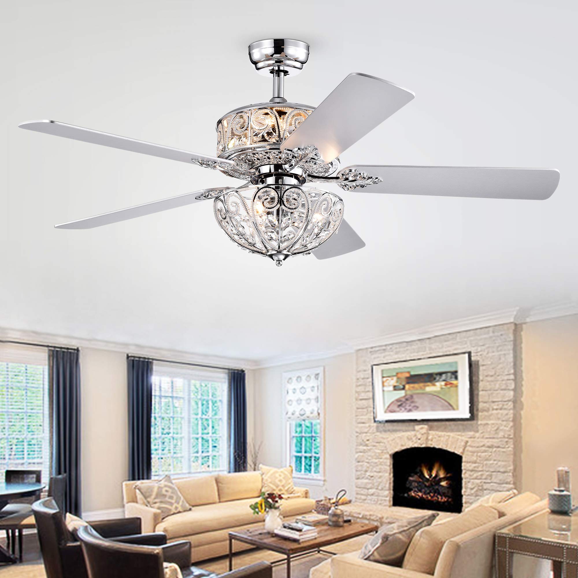 Hegasal Chrome Dual Lamp Crystal Lighted Chandelier Ceiling Fan installed in a living room setting.