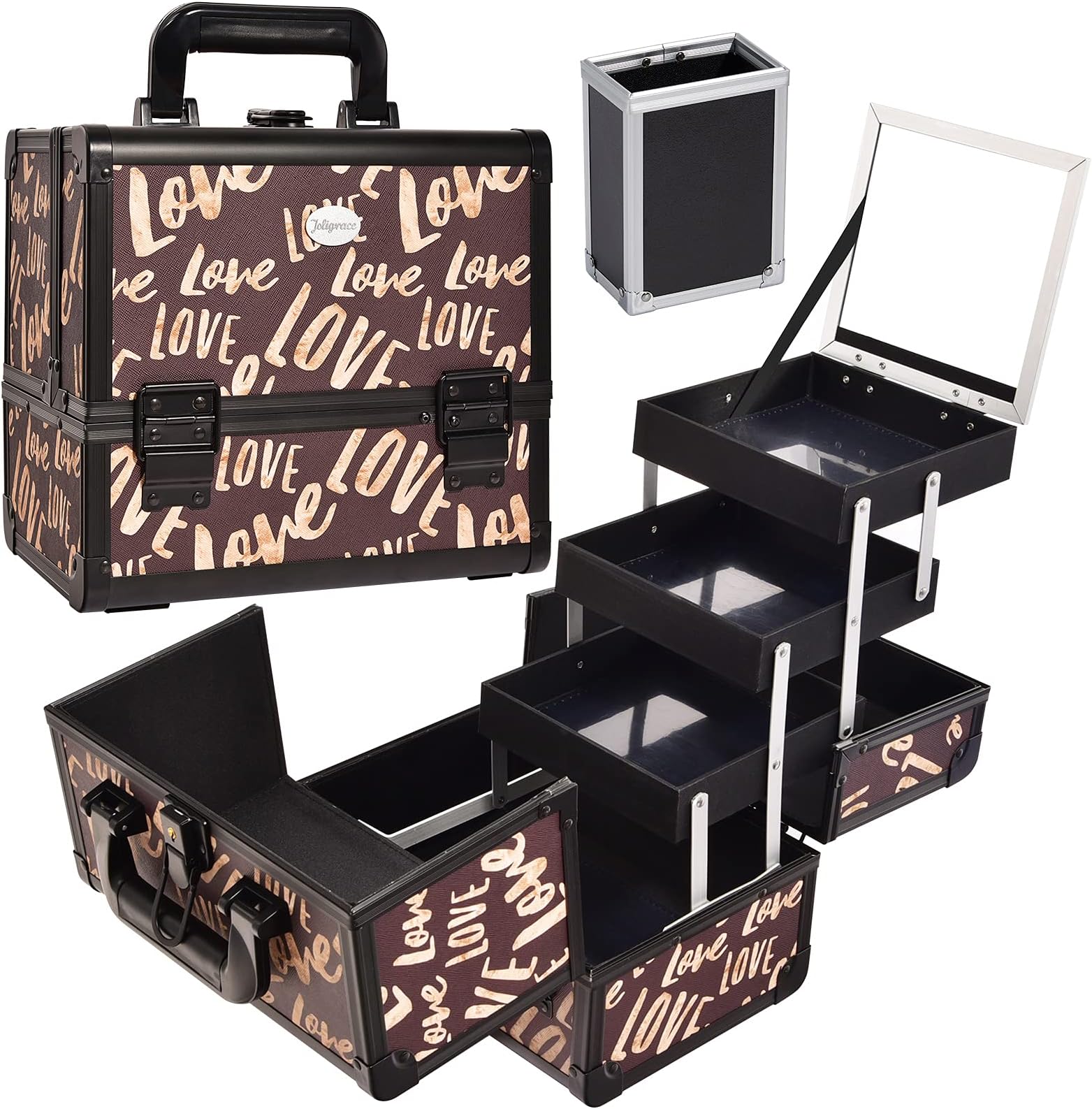 Joligrace Makeup Train Case Cosmetic Organizer Box Lockable with 3 Trays and a Brush Holder with Mirror Vintage Brown Love Pattern