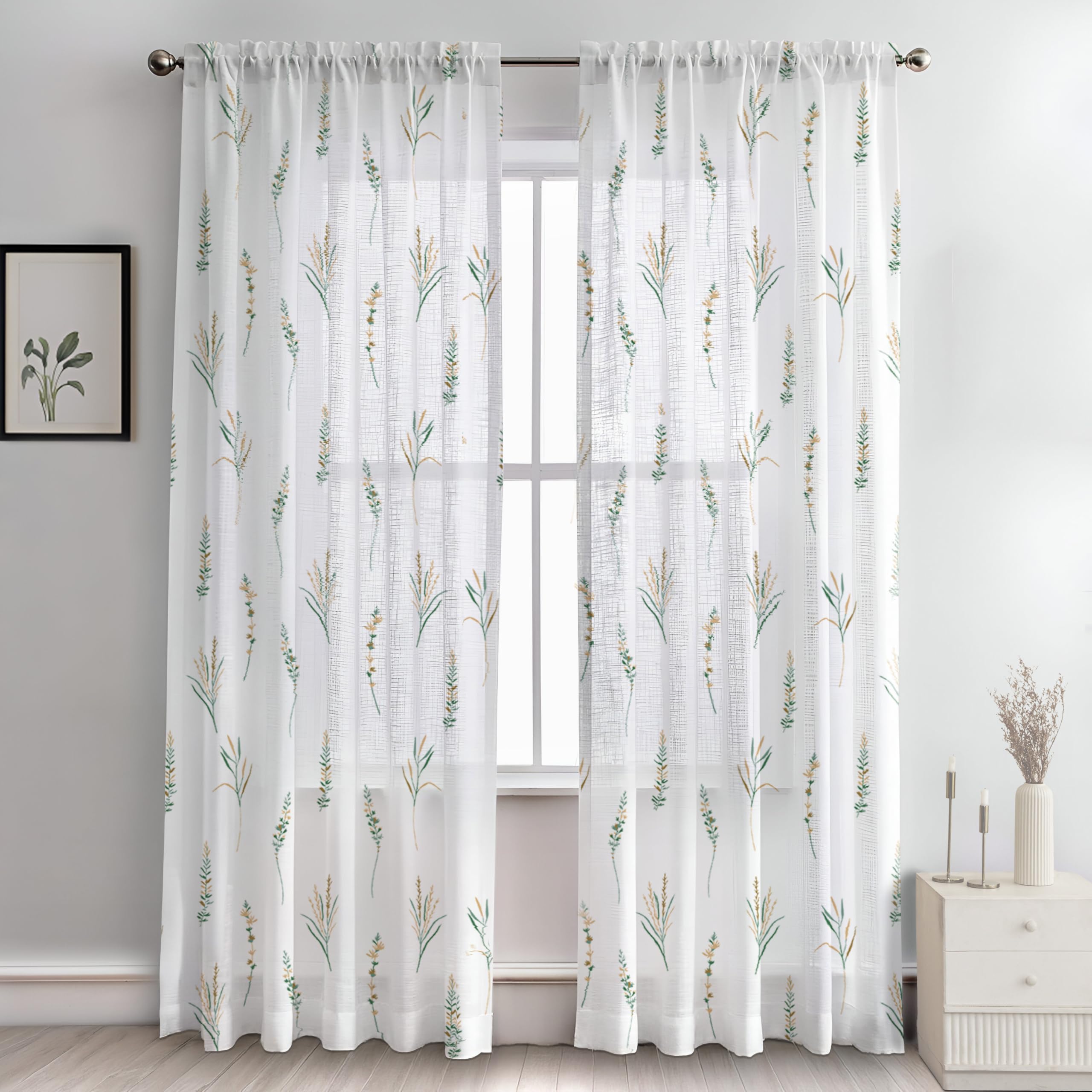 HOMEMONDE Aesthetic Decorative Sheer Curtains for Window -Linen Textured, Transparent Sun Light Filtering Sheer 5 Feet Curtain, Rod Pocket Top Style Pack of 2 - (Yellow & Green, 60 Inch)