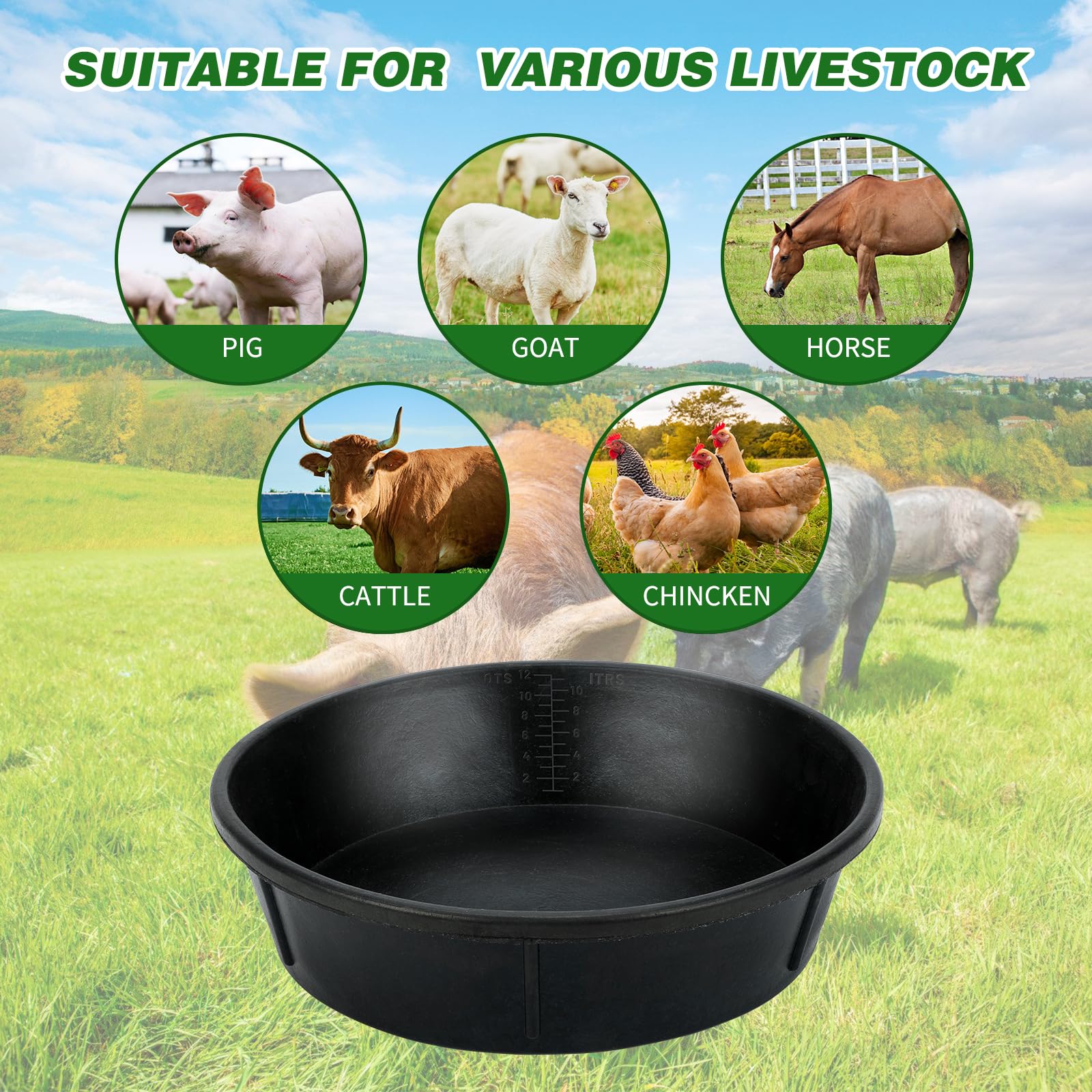 3 bandejas de goma resistentes, bandeja de alimentación de caballos de 12Q/3 galones, cubo grande para alimentación de animales, cuenco de agua de ganado, bañera de polvo de pollo, para
