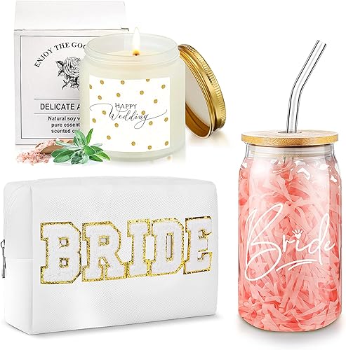 Caja de regalo de 3 piezas, regalo de despedida de soltera para novia, copa de cristal de 16.9 onzas, vela perfumada para novia, bolsa de maquillaje